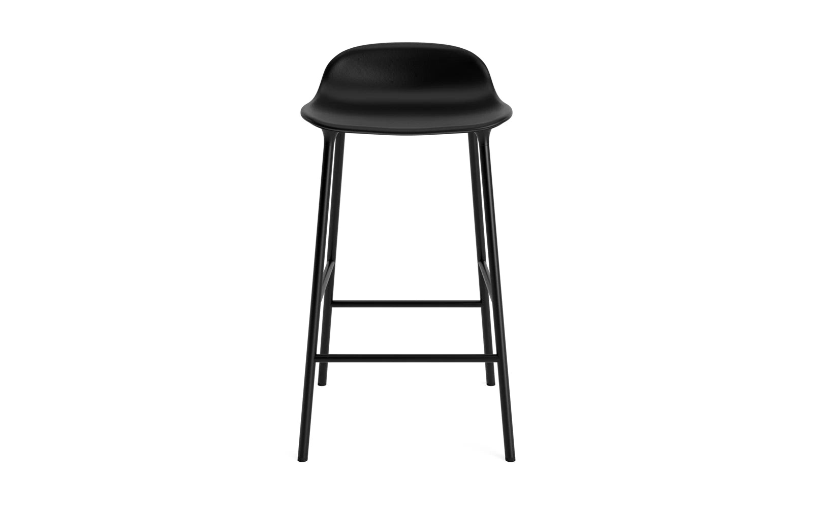 Entdecken Sie den Form Barstuhl von Normann Copenhagen: 65 cm hoch, stilvoll gepolstert in elegantem Schwarz, mit robustem Stahlgestell.