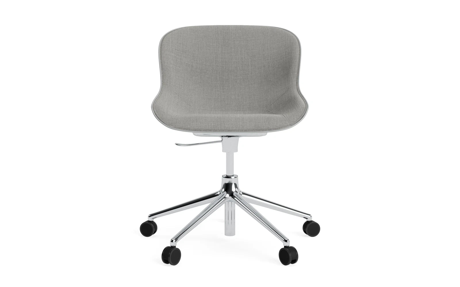 Erleben Sie den Hyg Drehsessel von Normann Copenhagen: Elegantes Design, praktische Mobilität mit 5 Rollen und gemütliches Grau-Remix-Polster für Ihr Zuhause.
