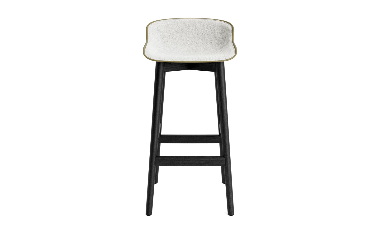 Erleben Sie den Hyg Barhocker 75 cm von Normann Copenhagen – ein elegantes Möbelstück aus schwarzer Eiche mit olivefarbenem Polster, das Komfort und Stil vereint.