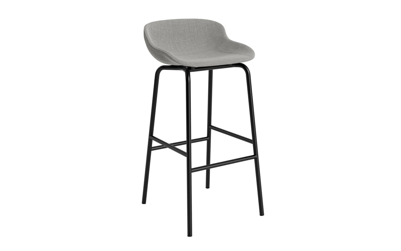 Entdecken Sie den Hyg Barhocker von Normann Copenhagen: 75 cm hoch, stilvoll gepolstert in Grau und gefertigt aus langlebigem Stahl für höchsten Sitzkomfort.