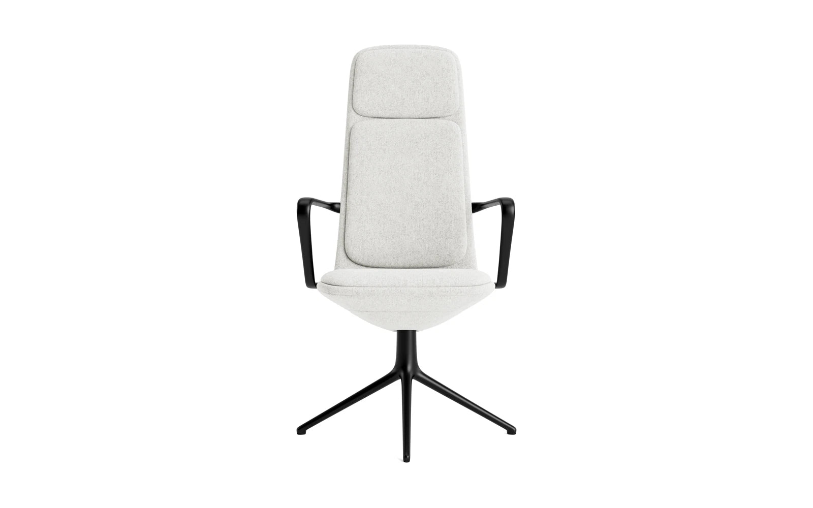 Entdecken Sie den Off Armchair von Normann Copenhagen: Ein eleganter Bürostuhl mit Drehgestell aus schwarzem Aluminium und hochwertigem Hallingdal-Kissen. Ideal für modernes Arbeiten.