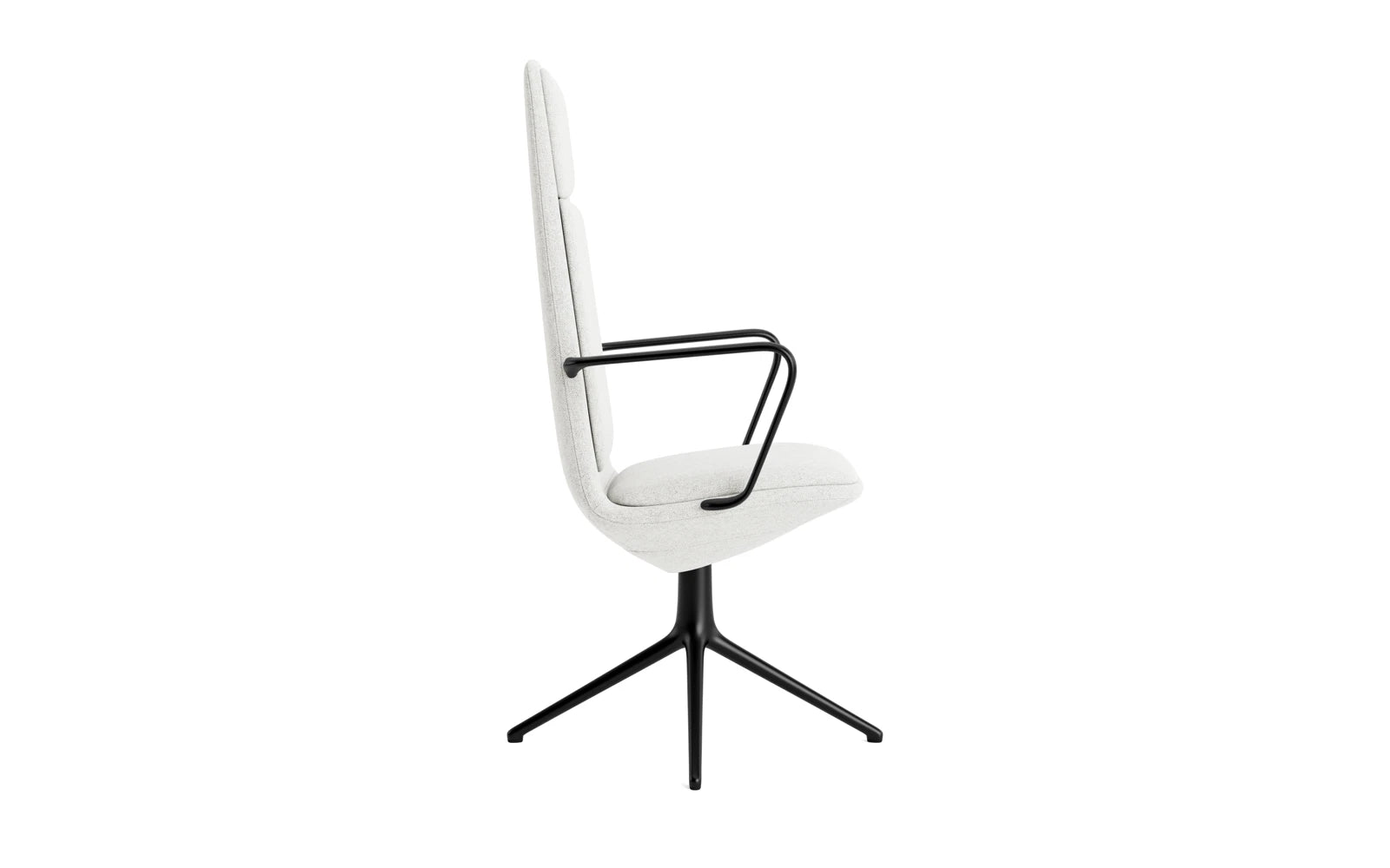 Erleben Sie den Off Armchair von Normann Copenhagen: Ein stilvoller Bürostuhl mit drehbarem Gestell aus schwarzem Aluminium und komfortablem Hallingdal-Kissen. Perfekt für Ihr modernes Büro.