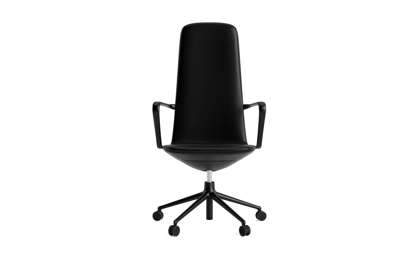 Entdecken Sie den Off Armchair Hoch von Normann Copenhagen: ein stilvoller Bürostuhl mit Drehgestell, Gaslift und Rollen aus schwarzem Aluminium. Ideal für modernes Arbeiten!
