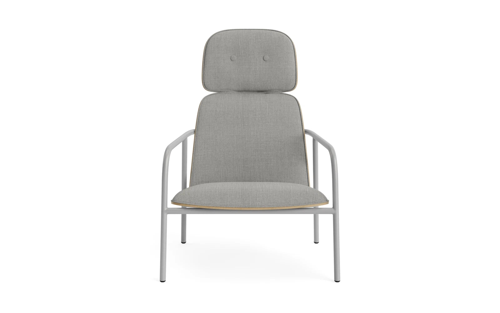 Eleganter Pad Lounge-Sessel aus grauem Stahl und Eichenfurnier, bietet höchsten Komfort und passt perfekt in moderne Wohn- und Geschäftsräume.