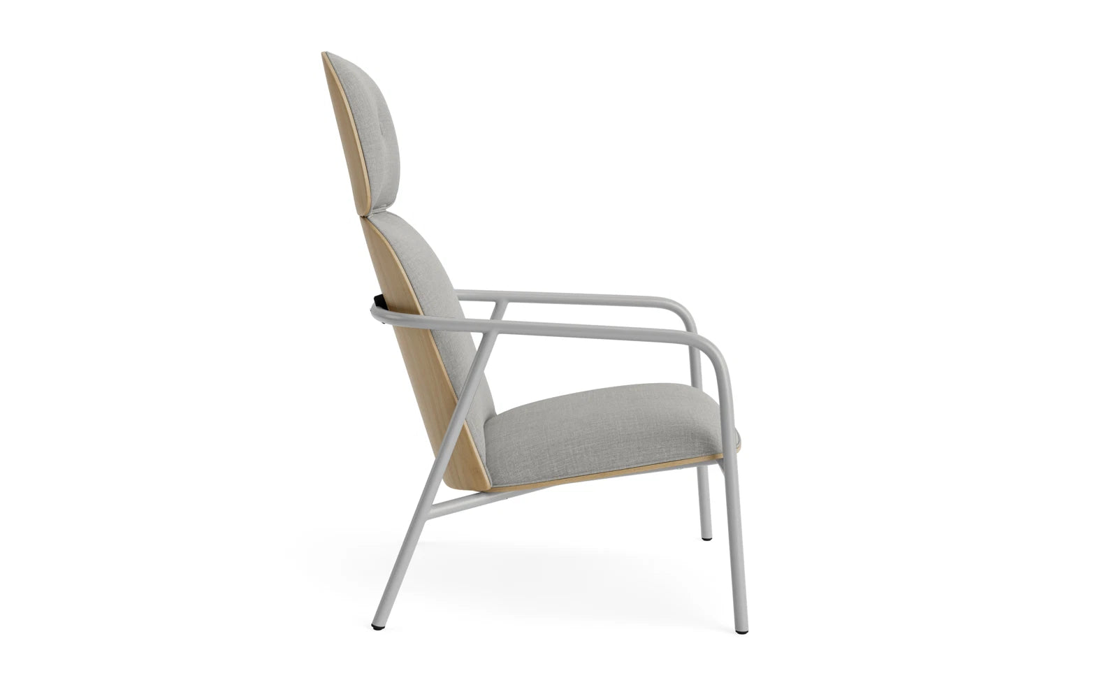 Stilvoller Pad Lounge-Sessel in grauem Stahl und Eiche, vereint Komfort und modernes Design für jede Umgebung.