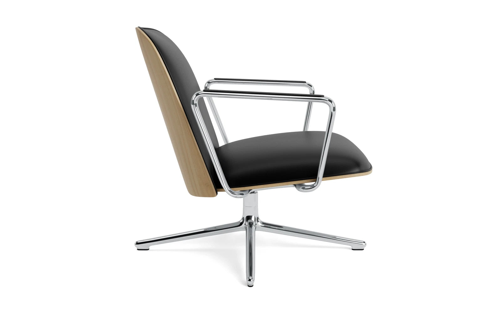 Erleben Sie den komfortablen Pad Lounge-Sessel niedrig mit Drehgestell aus Aluminium und Eiche/Ultra von Normann Copenhagen – die perfekte Fusion aus modernem Design und Funktionalität.