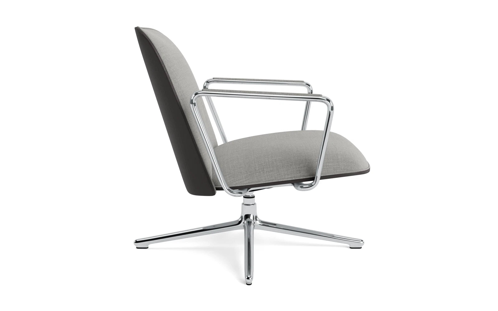 Erleben Sie den komfortablen Pad Lounge-Sessel niedrig mit Drehgestell und Kippfunktion in Aluminium und Schwarz/Remix von Normann Copenhagen – die perfekte Wahl für moderne Lobbys.