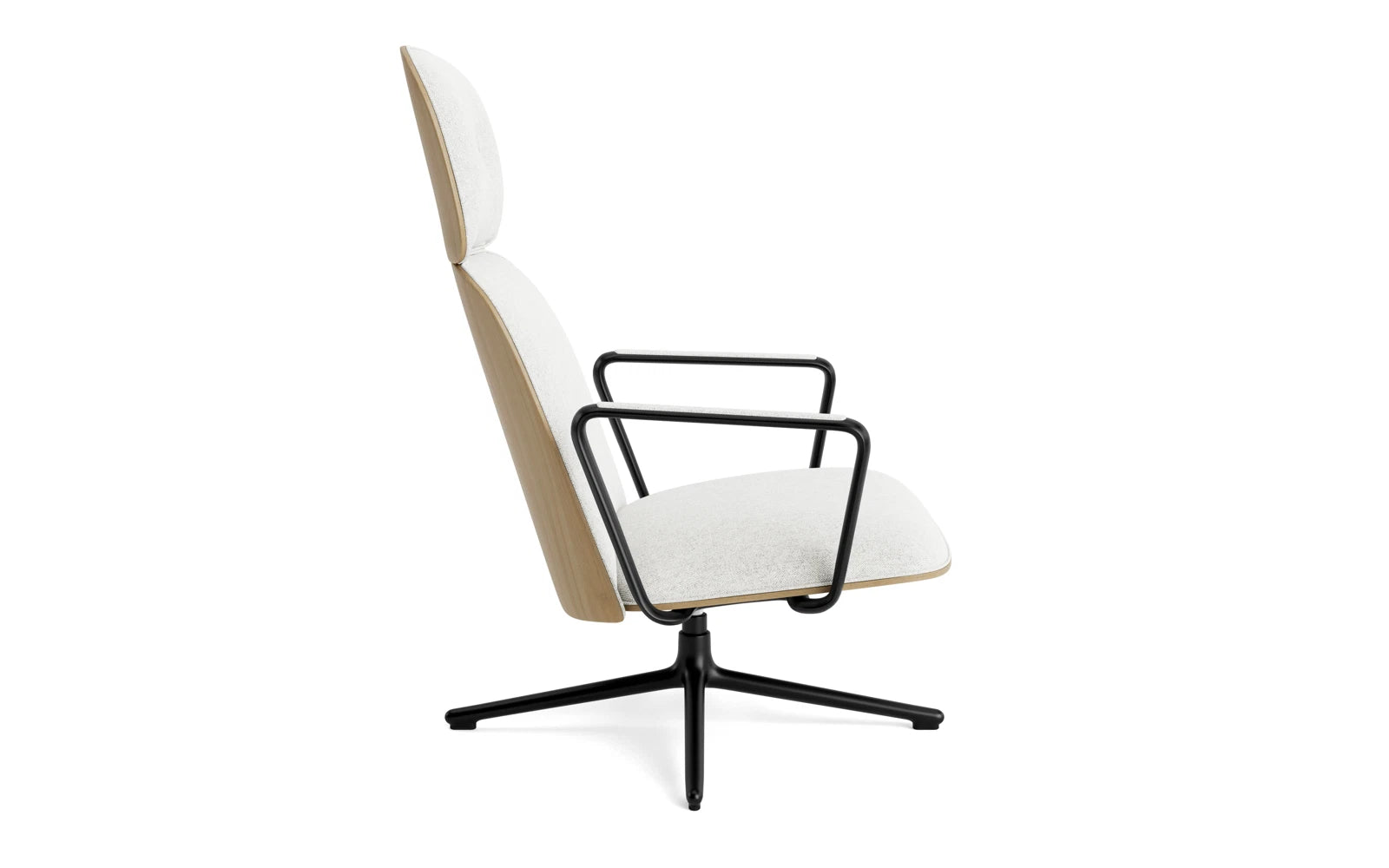 Erleben Sie den Pad Lounge-Sessel hoch mit Drehgestell und Kippfunktion in Schwarz Alu Eiche/Hallingdal von Normann Copenhagen – ein Meisterwerk aus Komfort und modernem Design.