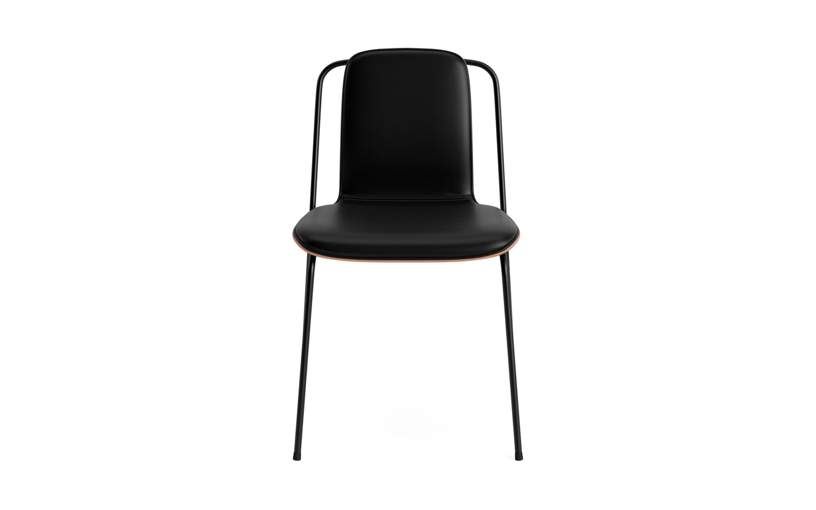 Entdecken Sie den eleganten Studio Stuhl Frontpolster von Normann Copenhagen. Mit schwarzem Stahl und braunem Ultra-Furnier vereint er modernes Design und Komfort.