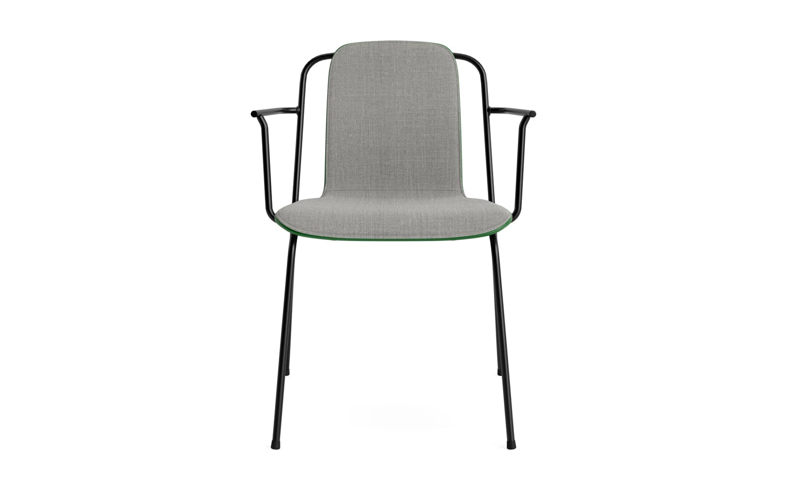 Entdecken Sie den stilvollen Studio Armlehnstuhl von Normann Copenhagen: eleganter Stahlrahmen, komfortables Frontpolster in grünem Remix-Stoff.