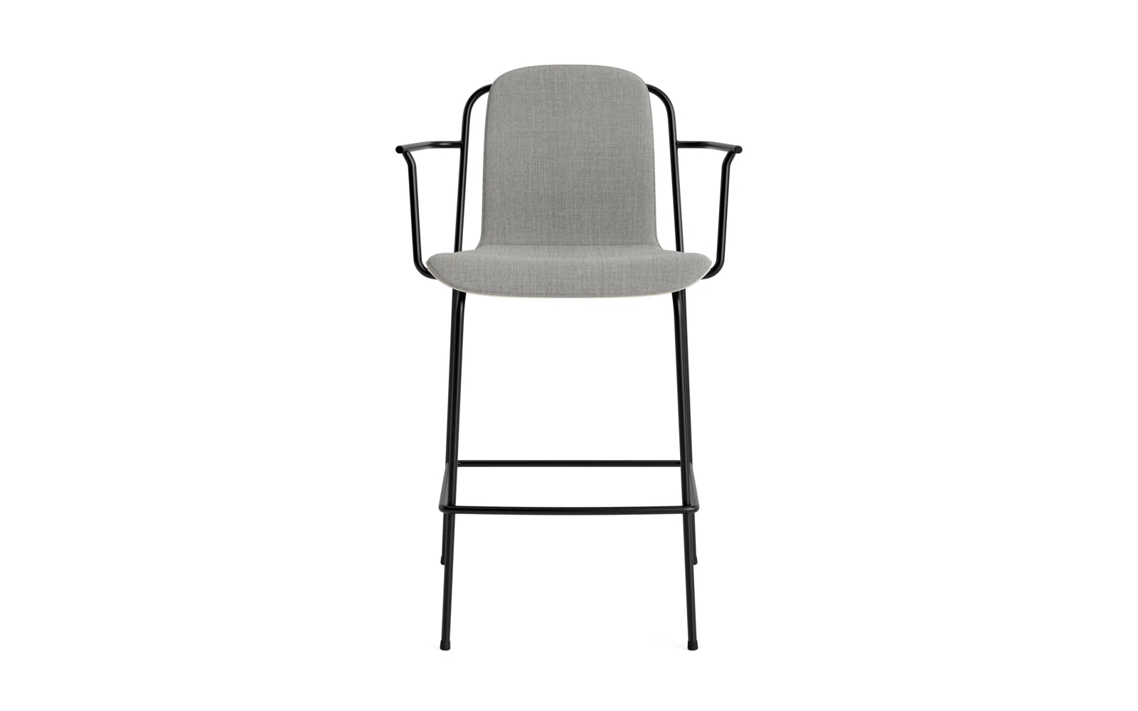 Entdecken Sie den eleganten Studio Barstuhl mit Armlehne von Normann Copenhagen. Mit 65 cm Sitzhöhe, schwarzem Stahlrahmen und hellgrauem Remix-Stoff vereint er Stil und Komfort.