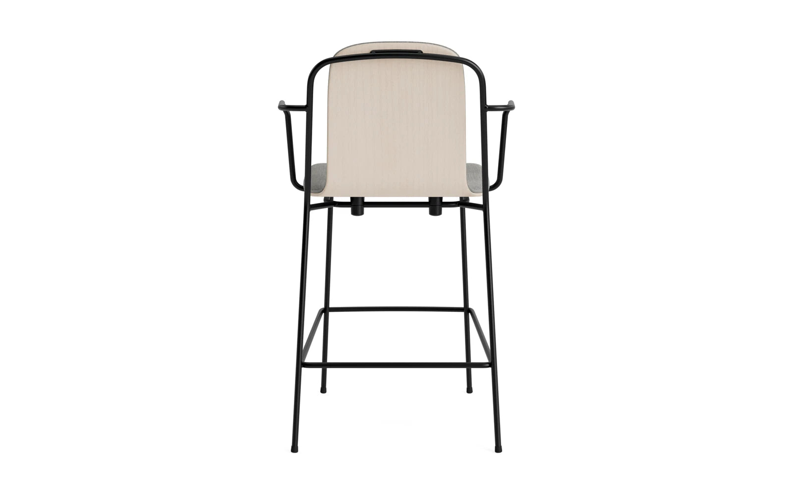 Entdecken Sie den eleganten Studio Barstuhl mit Armlehne von Normann Copenhagen. Mit 65 cm Sitzhöhe, industriellem Stahlrahmen und stilvollem hellgrauen Bezug ist er ideal für jeden Raum.