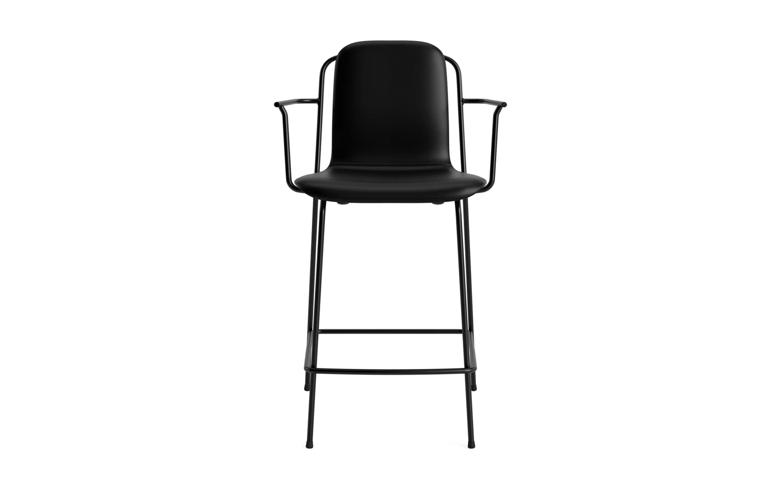 Entdecken Sie den stilvollen Studio Barstuhl mit Armlehne von Normann Copenhagen. Gepolstert, 65 cm hoch, aus schwarzem Stahl – ideal für modernes Wohnen.