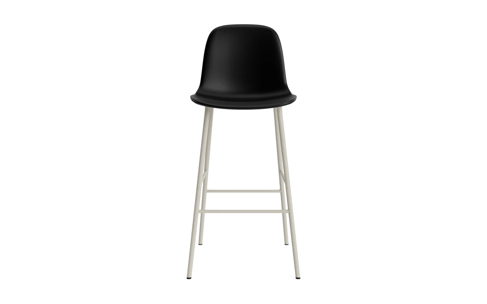 Erleben Sie den eleganten Form Barstuhl von Normann Copenhagen. Mit 75 cm Sitzhöhe, luxuriöser Hellgrau-Polsterung und robustem Stahlgestell vereint er Stil und Komfort.