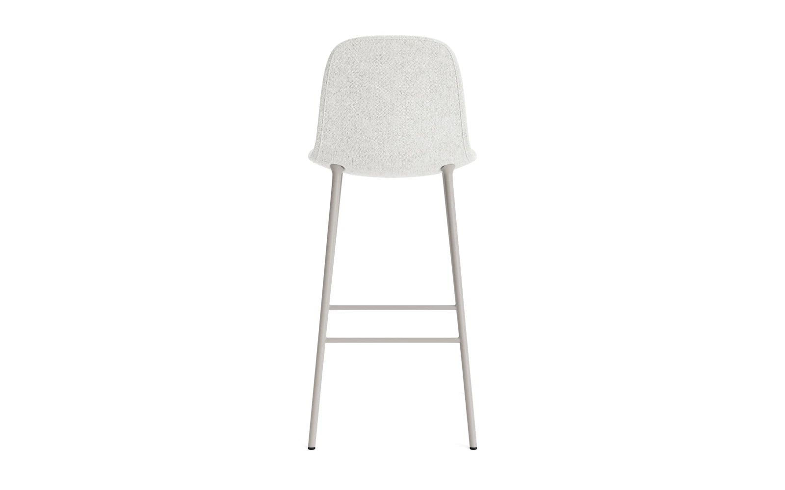 Erleben Sie den eleganten Form Barstuhl 75 cm gepolstert in warmem Grau, kombiniert mit einem stabilen Stahlgestell und hochwertiger Hallingdal-Polsterung von Normann Copenhagen.