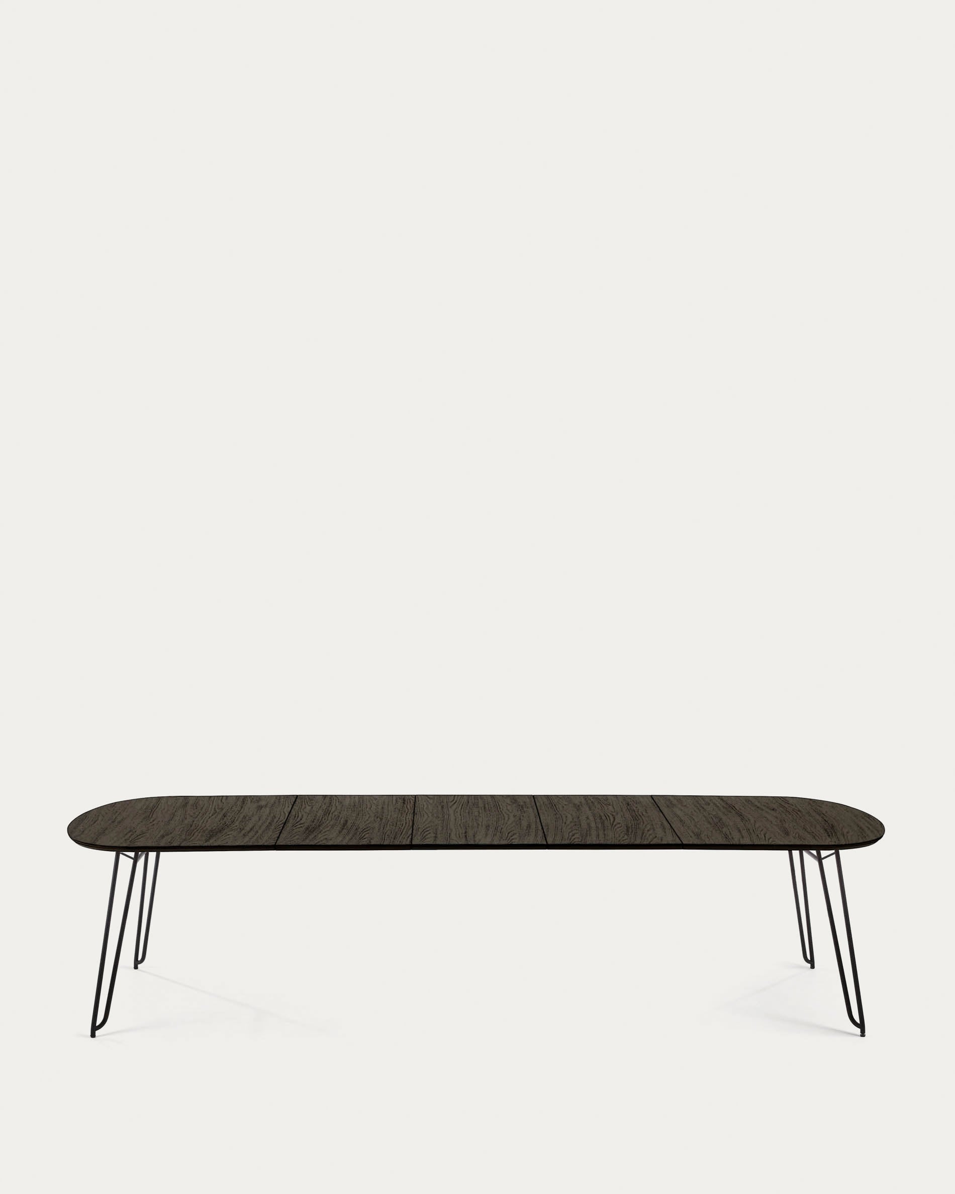 Eleganter Tisch Milian, ausziehbar von 170 bis 320 cm, Eschenfurnier, schwarze Stahlbeine, perfekt für moderne Esszimmer.