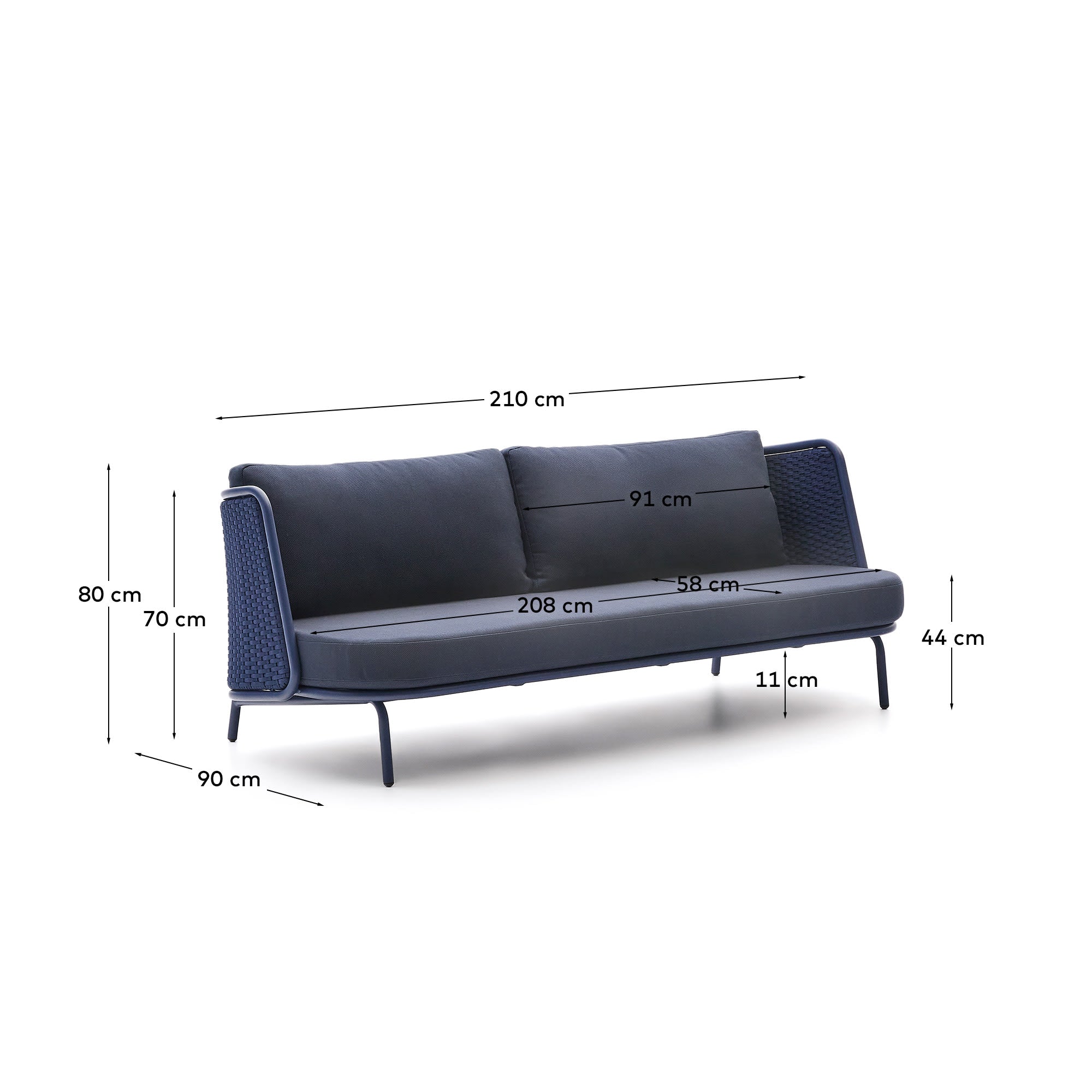 Stilvolles 3-Sitzer Outdoor-Sofa Sedalis, 210 cm, aus robustem Aluminium und frischem blauen Seil – perfekt für entspannte Stunden im Freien.