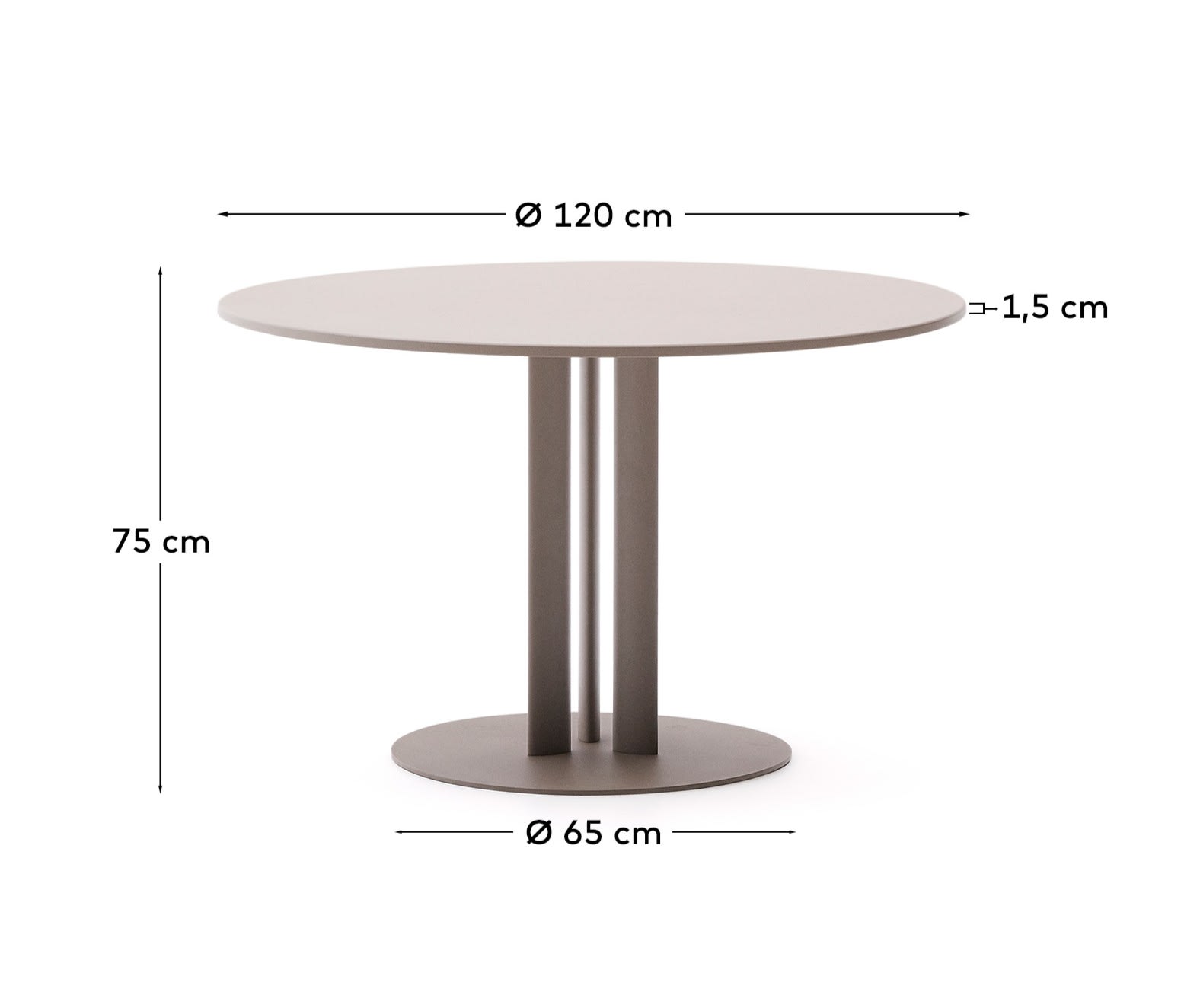 Erleben Sie den runden Outdoor-Tisch Sedalis: Elegantes Design, stabile Stahlbasis und pflegeleichte taupefarbene Aluminiumplatte für gesellige Stunden im Freien.