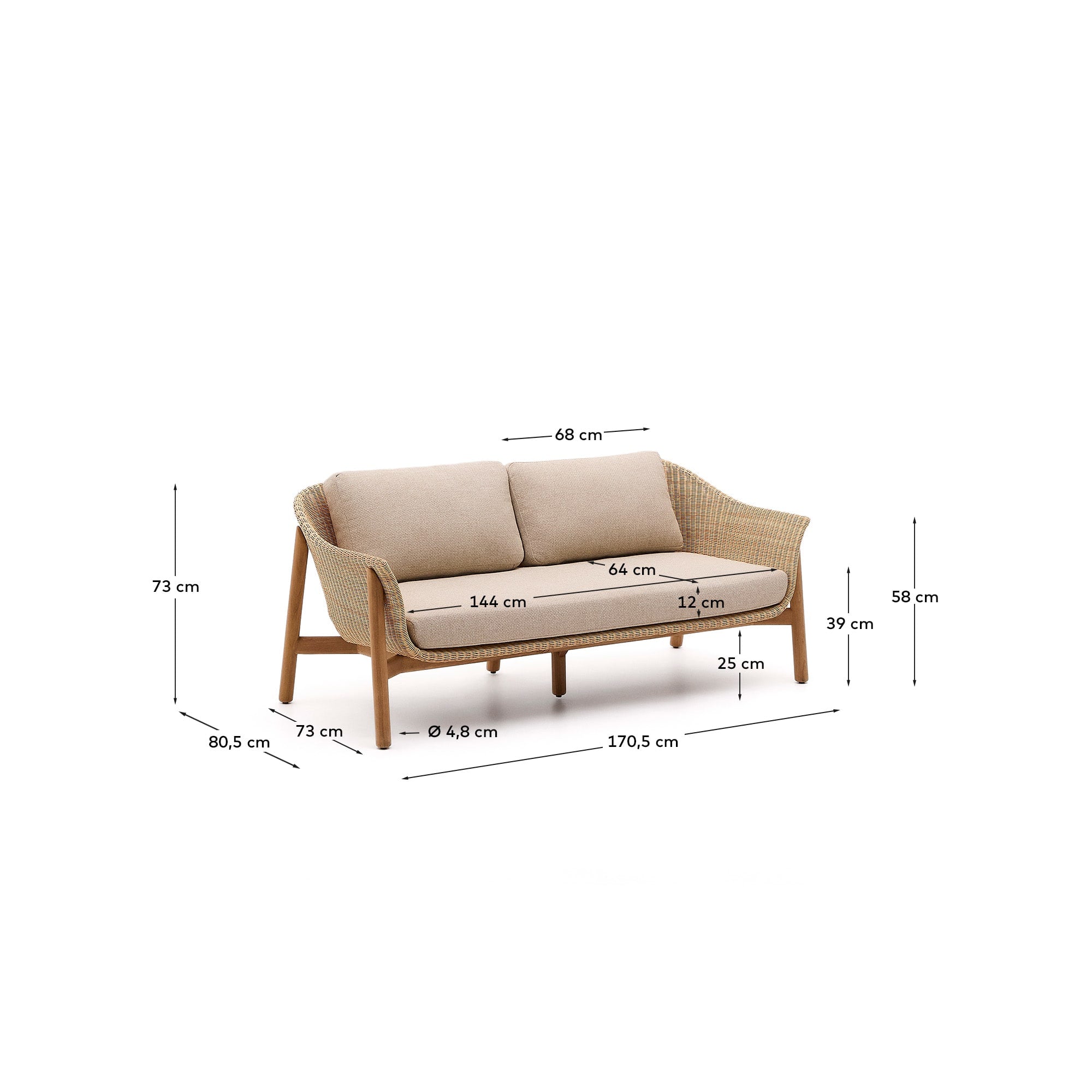 Elegantes 2-Sitzer-Sofa Galea aus robustem Teakholz und UV-beständigem Rattan, 170,5 cm, ideal für stilvolle und nachhaltige Wohnräume.
