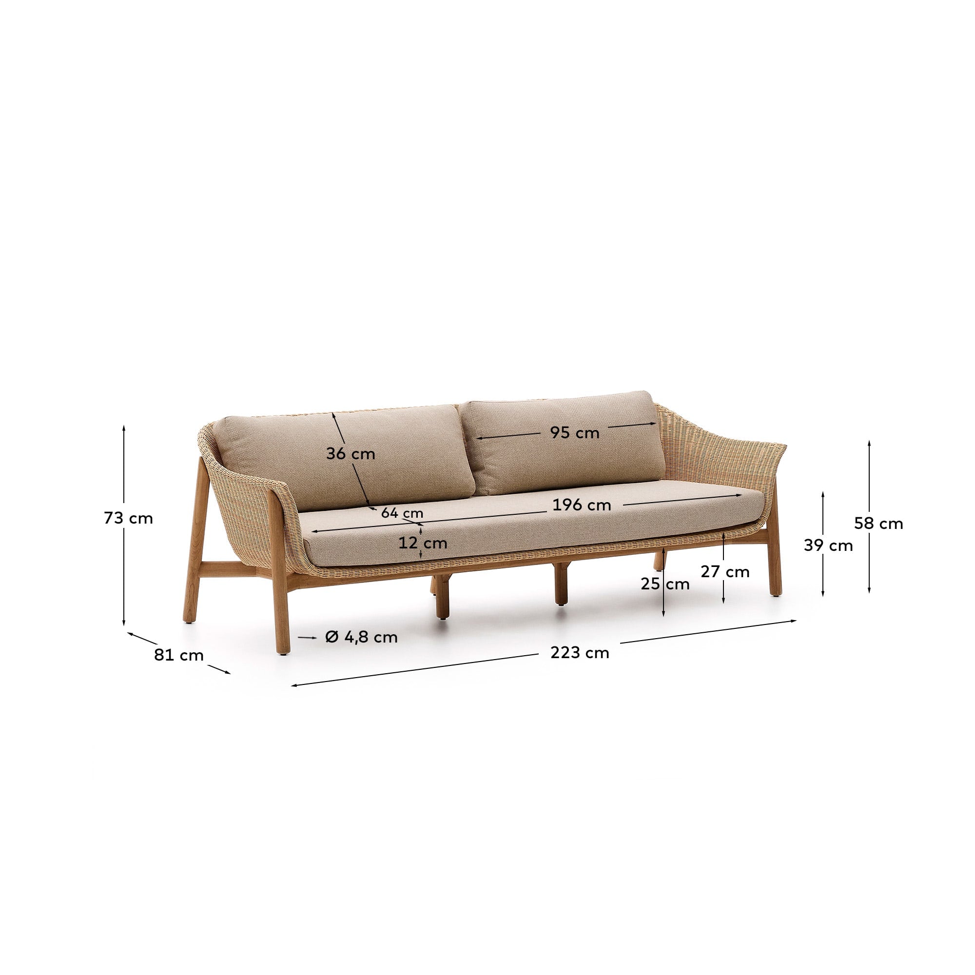 Erleben Sie das 3-Sitzer-Sofa Galea: Hochwertiges Teakholz und synthetisches Rattan vereinen Stil und Langlebigkeit für Ihr Zuhause.