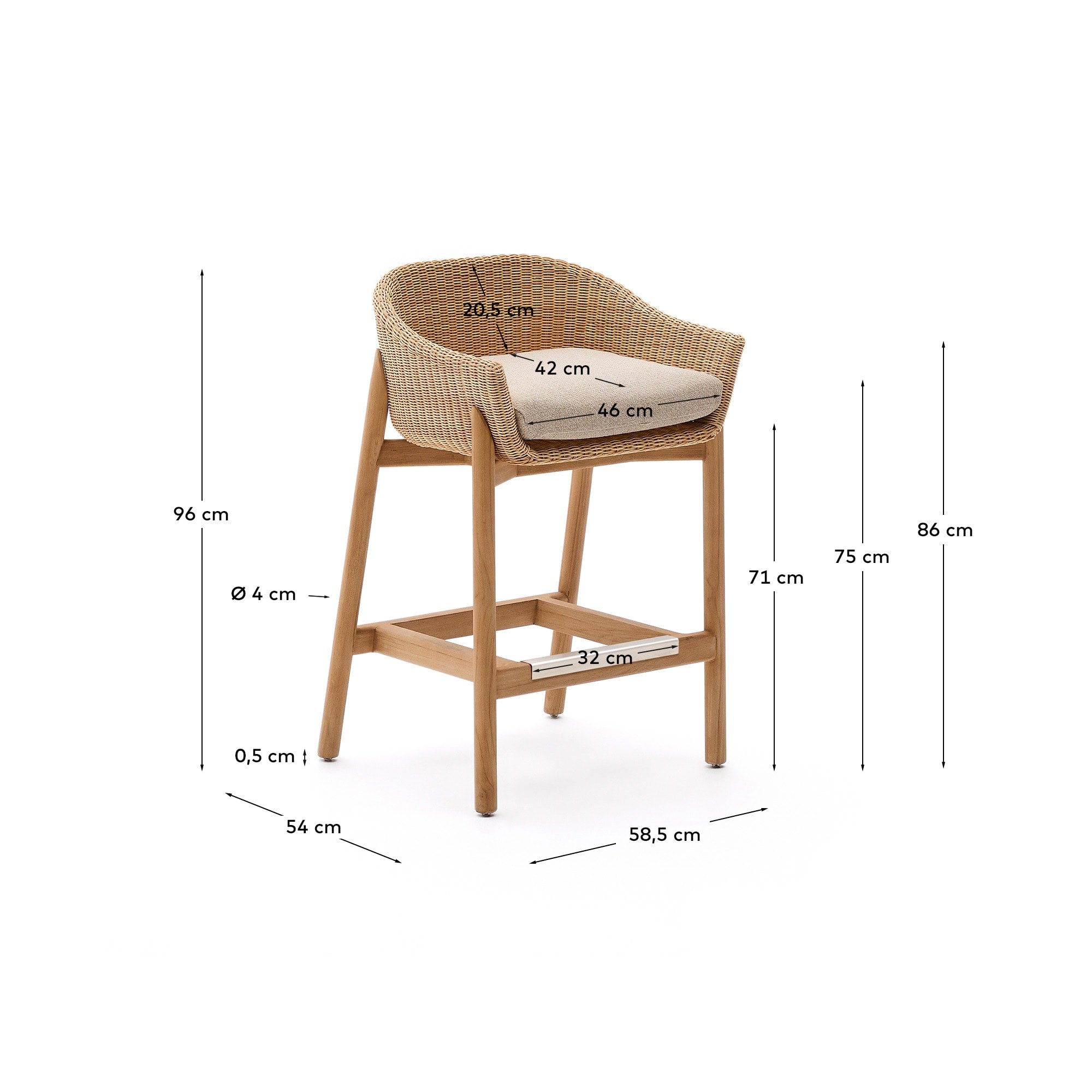 Hocker Galea: Hochwertiger 75 cm Hocker aus massivem Teakholz und UV-beständigem Rattan. Ideal für elegante Garten- und Terrassengestaltung.