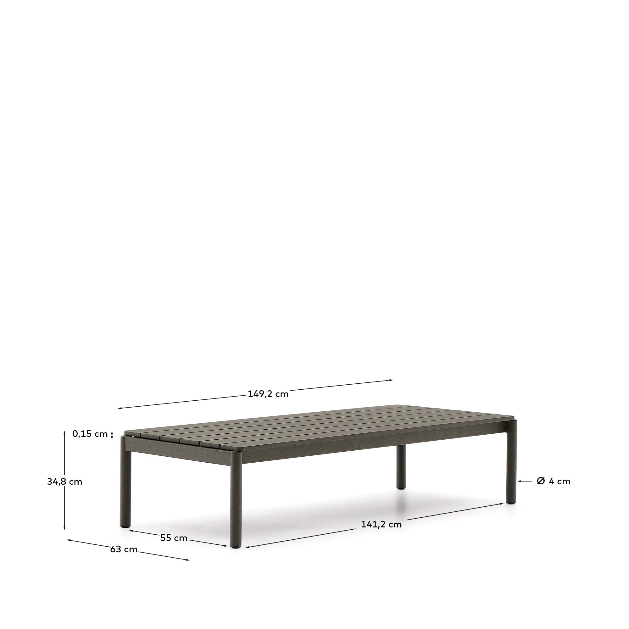 Verleihen Sie Ihrem Außenbereich mit dem Couchtisch Sorells aus grünem Aluminium (63 x 144,6 cm) einen modernen Akzent. Ideal für Garten und Terrasse!