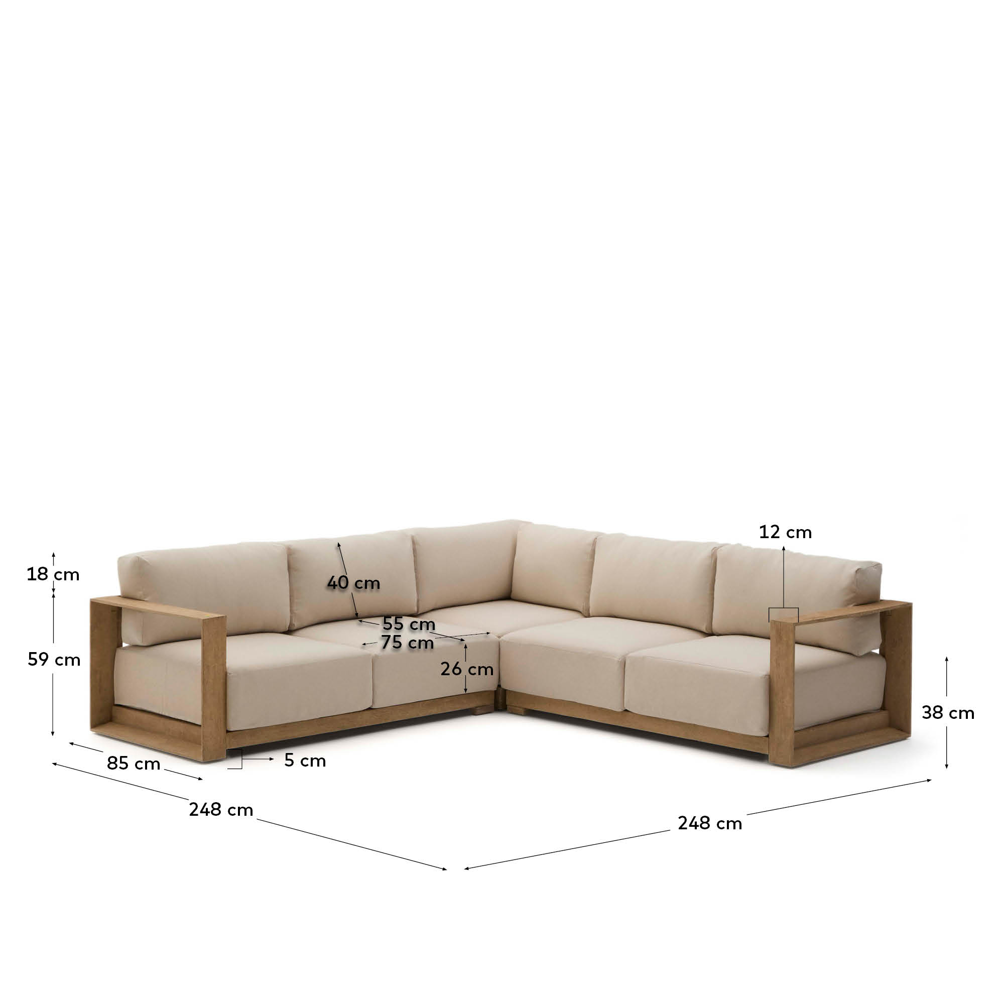 Das 5-Sitzer-Ecksofa Ambra aus hochwertigem Akazienholz vereint elegantes Design mit Langlebigkeit und ist perfekt für entspannte Momente.