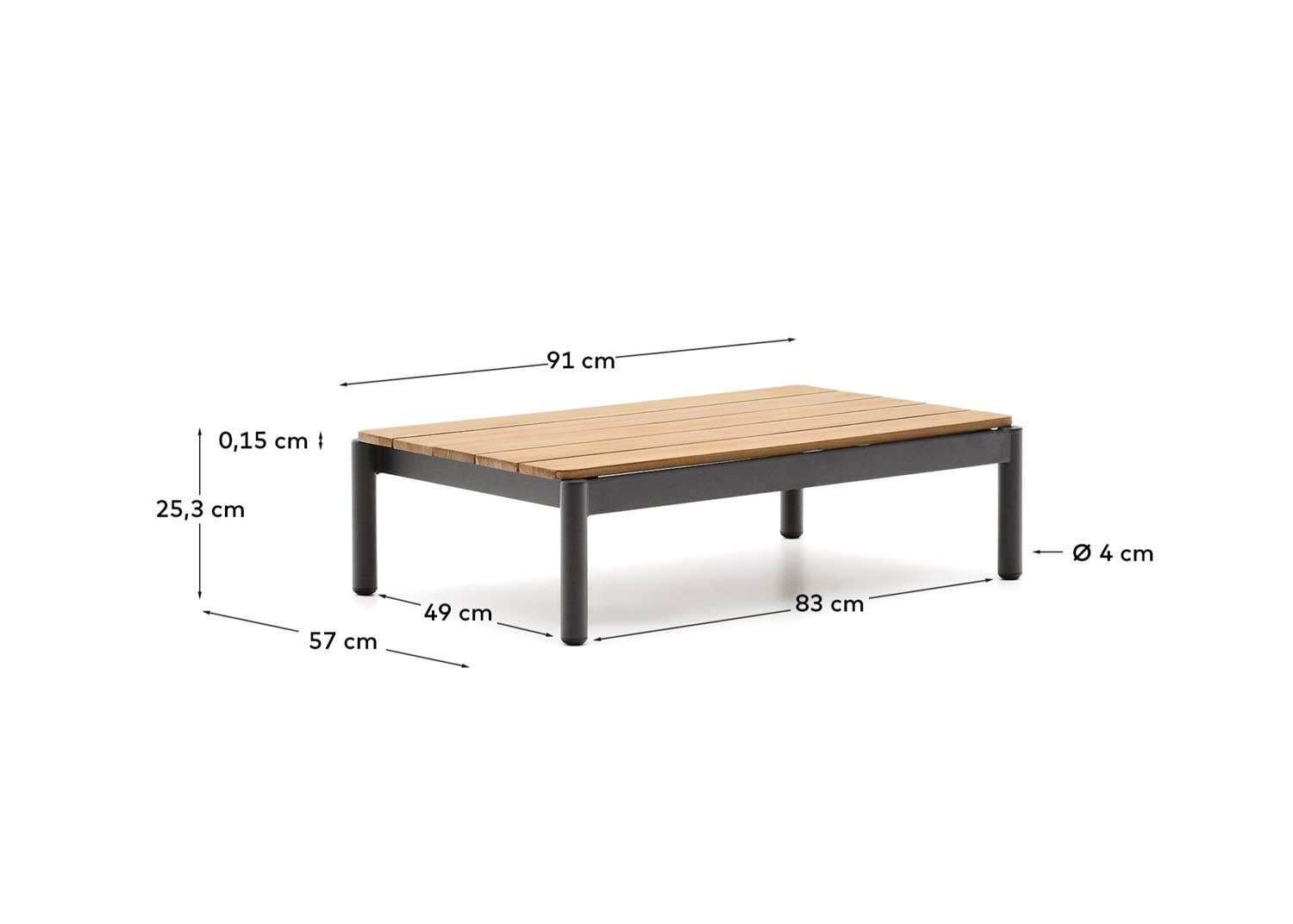 Entdecken Sie den stilvollen Couchtisch Sorells aus grauem Aluminium und Teakholz. Ideal für Ihren Außenbereich, langlebig und modern.
