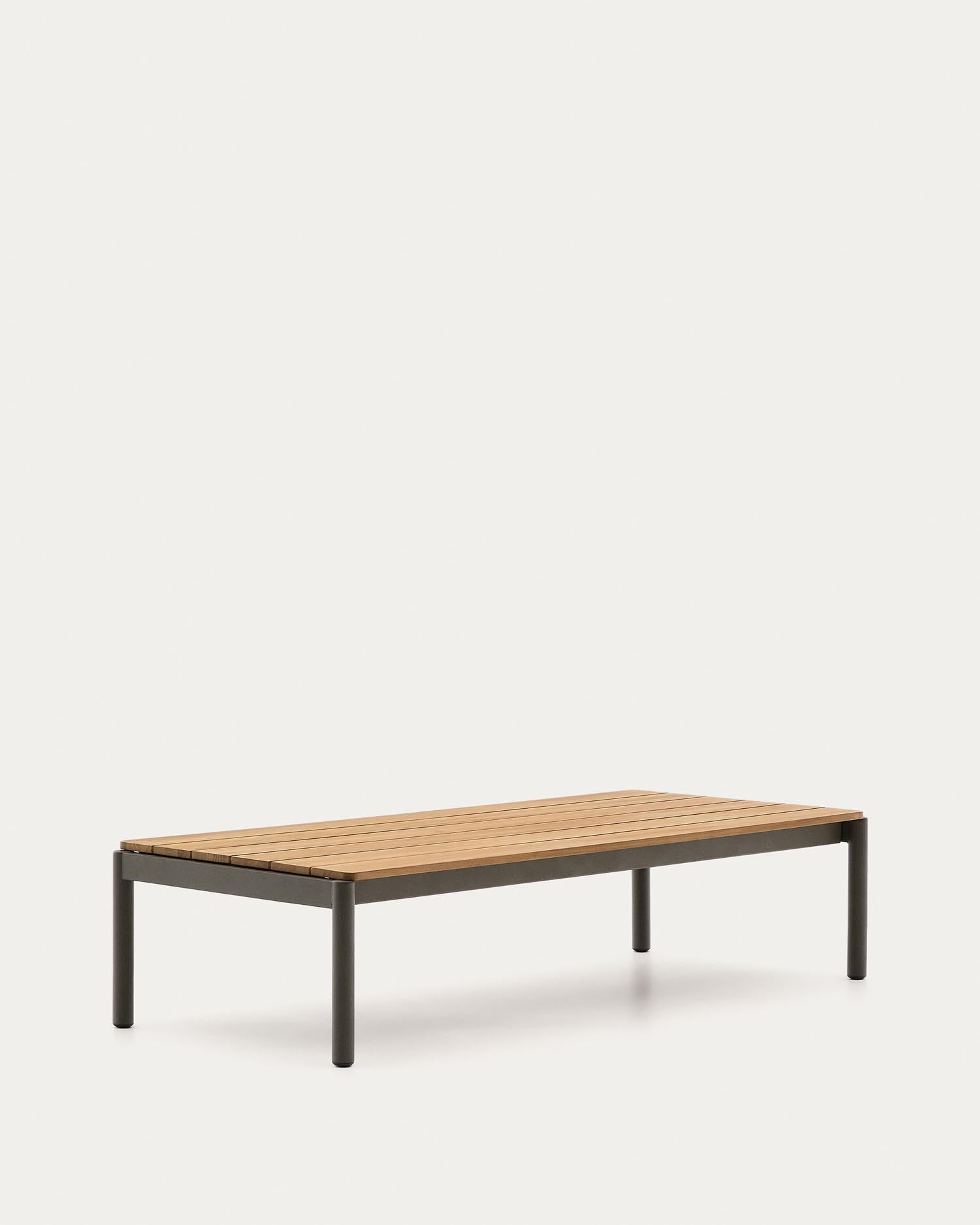 Gestalten Sie Ihre Terrasse mit dem eleganten Couchtisch Sorells aus grünem Aluminium und hochwertigem Teakholz – perfekt für jeden Außenbereich!