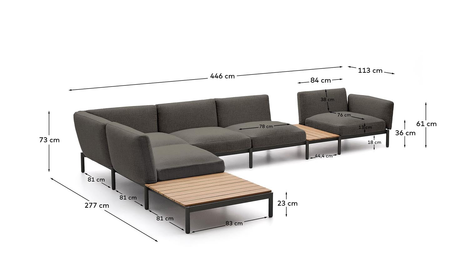 Verwandeln Sie Ihren Außenbereich mit dem modularen Outdoor-Ecksofa Sorells. 5 Sitzplätze, elegantes graues Design und langlebige Materialien für unvergessliche Momente im Freien.