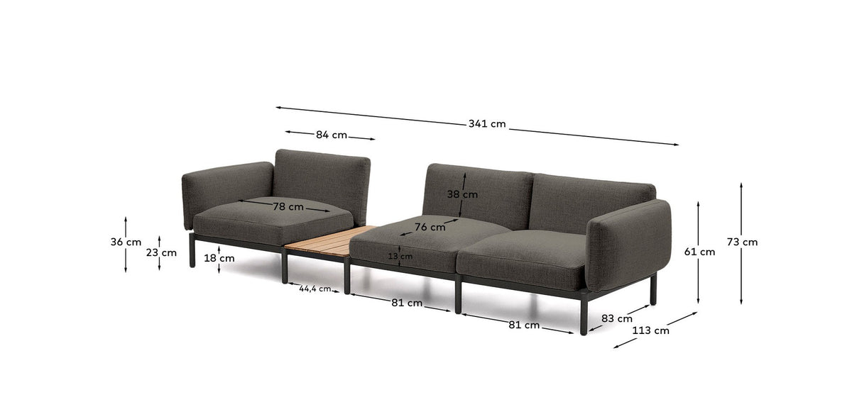 Modulares Outdoor-Sofa Sorells mit 3 Sitzplätzen mit grauer Polsterung und grauem Aluminium, mit Tisch aus Teakholz, 341 x 113 cm, FSC 100 % in Dunkelgrau, Graphit präsentiert im Onlineshop von KAQTU Design AG. Lounge Sofa ist von Kave Home