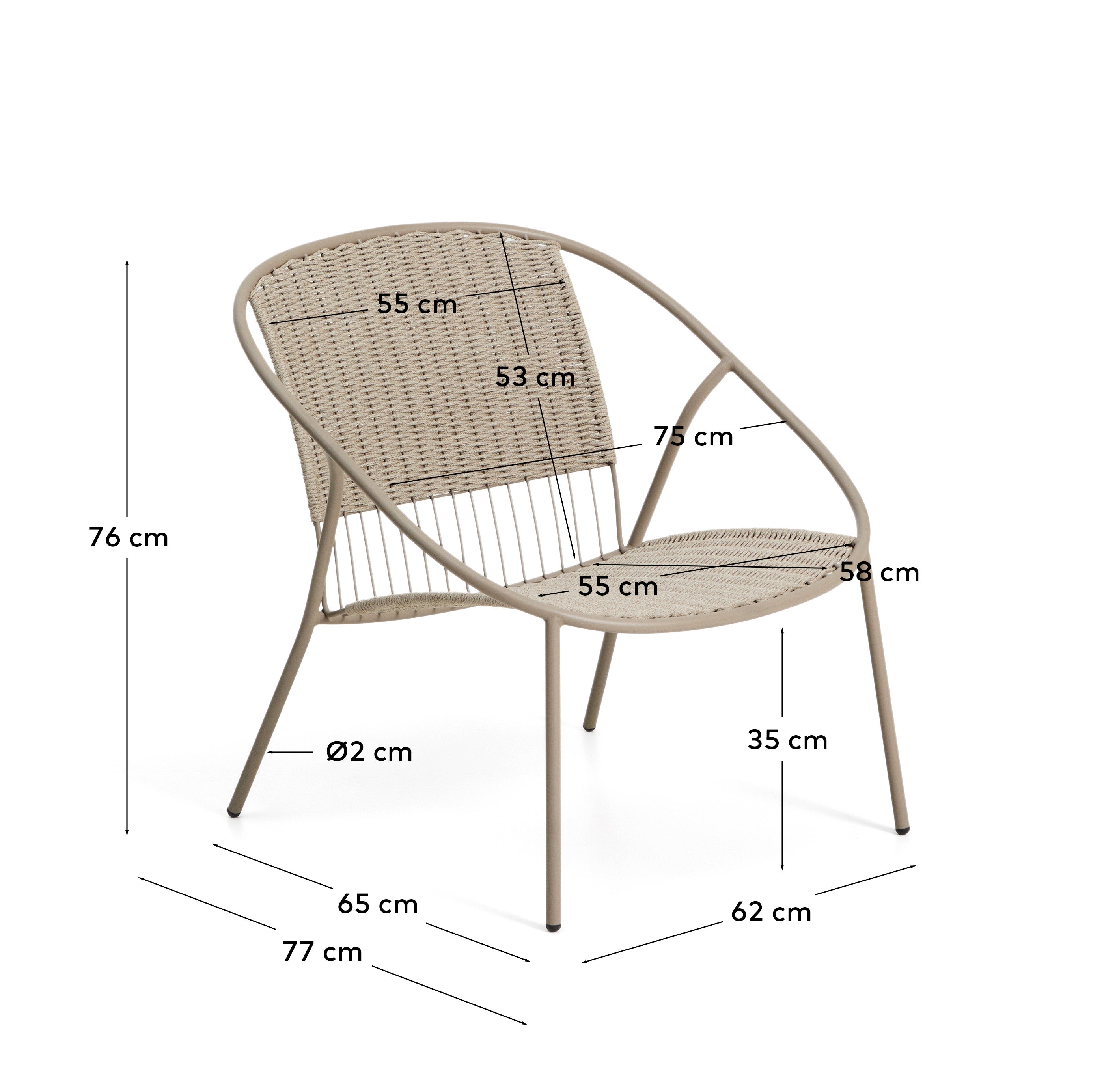 Stapelbarer Sessel Atrani aus verzinktem Stahl und taupefarbenem Seil in Taupe präsentiert im Onlineshop von KAQTU Design AG. Outdoor-Sessel ist von Kave Home