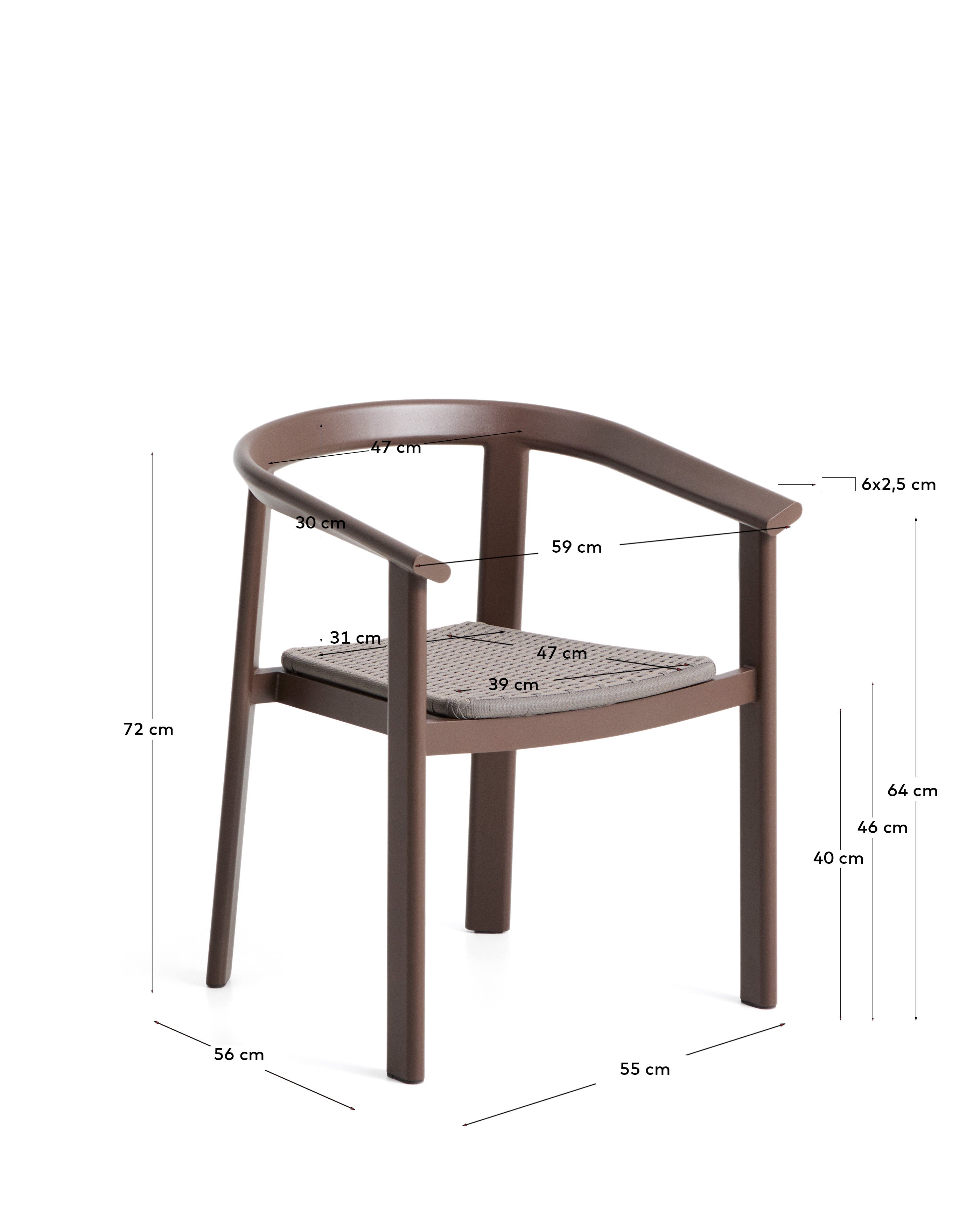 Stapelbarer Stuhl Erice aus Aluminium und braunem Seil. in Dunkelbraun präsentiert im Onlineshop von KAQTU Design AG. Gartenstuhl ist von Kave Home