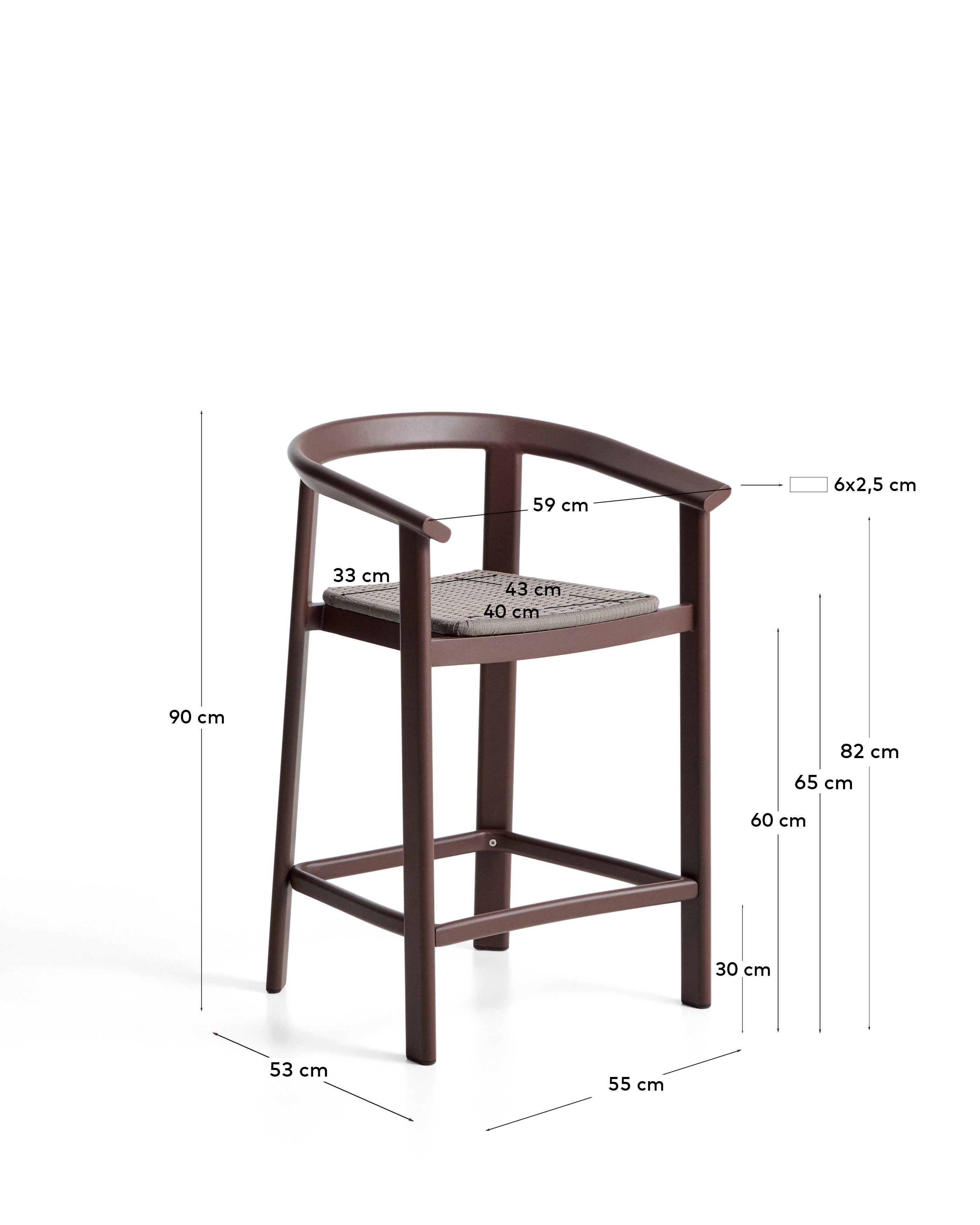 Stylischer Hocker Erice aus robustem Aluminium und elegantem braunem Seil, ideal für entspannte Stunden im Freien.