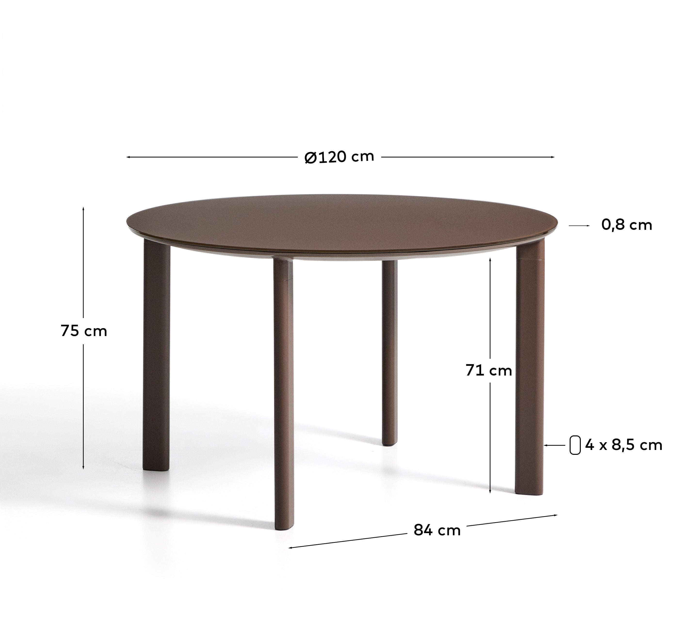 Runder Tisch Erice aus Aluminium und gehärtetem Glas in Braun Ø120 cm in Dunkelbraun präsentiert im Onlineshop von KAQTU Design AG. Gartentisch ist von Kave Home