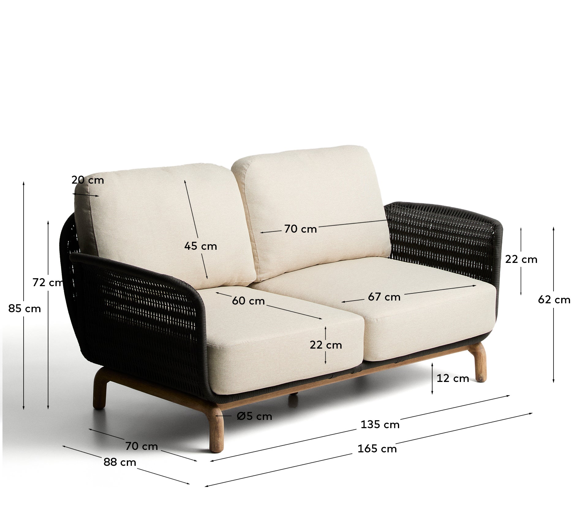 2-Sitzer-Sofa Alipa aus massivem Akazienholz und dunkelgrauem Seil, 165 cm in Graphit präsentiert im Onlineshop von KAQTU Design AG. Loungesofa ist von Kave Home
