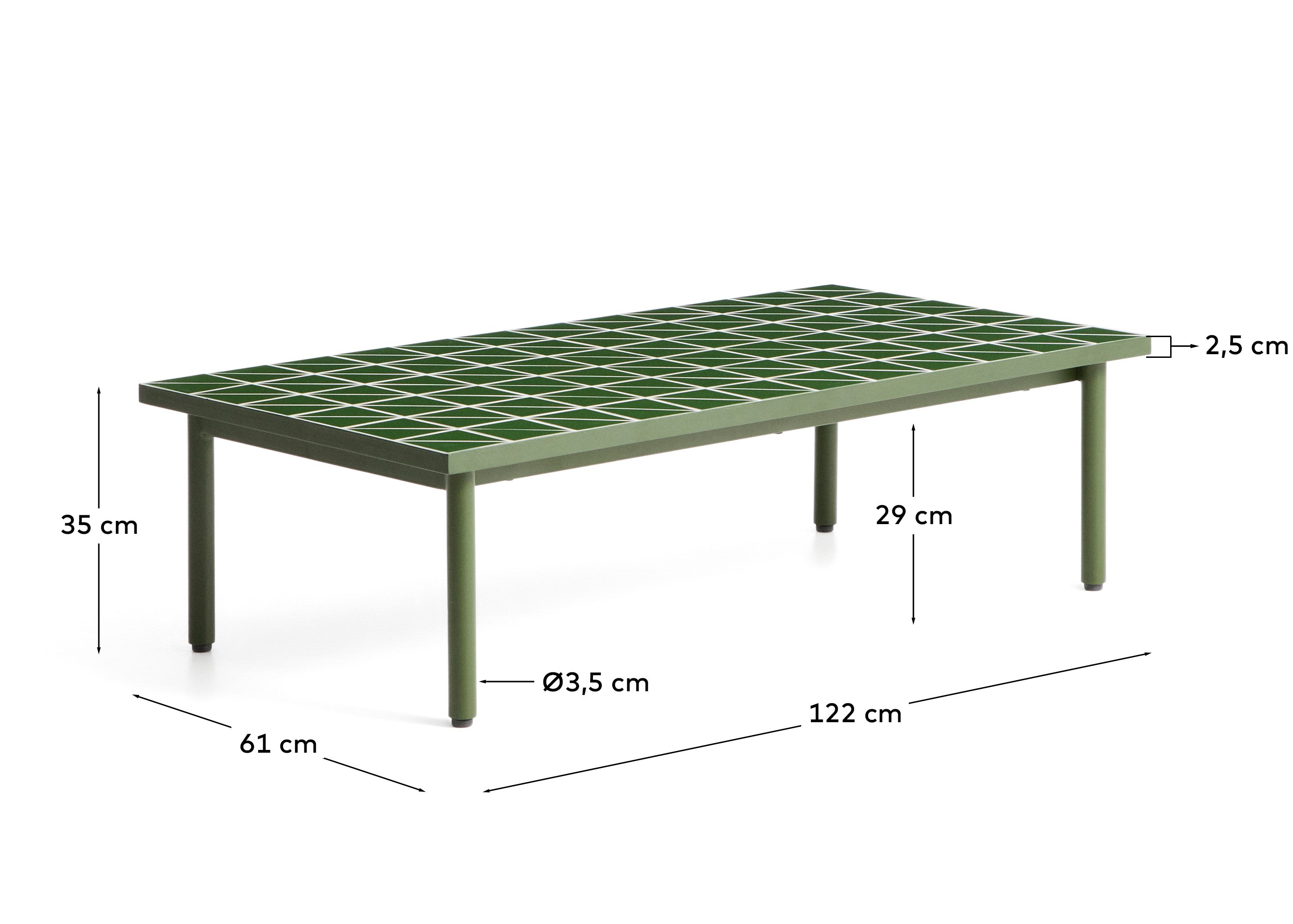 Couchtisch Maurina aus verzinktem Stahl in Grün mit grünen Kacheln, 122 x 61 cm in Grün präsentiert im Onlineshop von KAQTU Design AG. Loungetisch ist von Kave Home