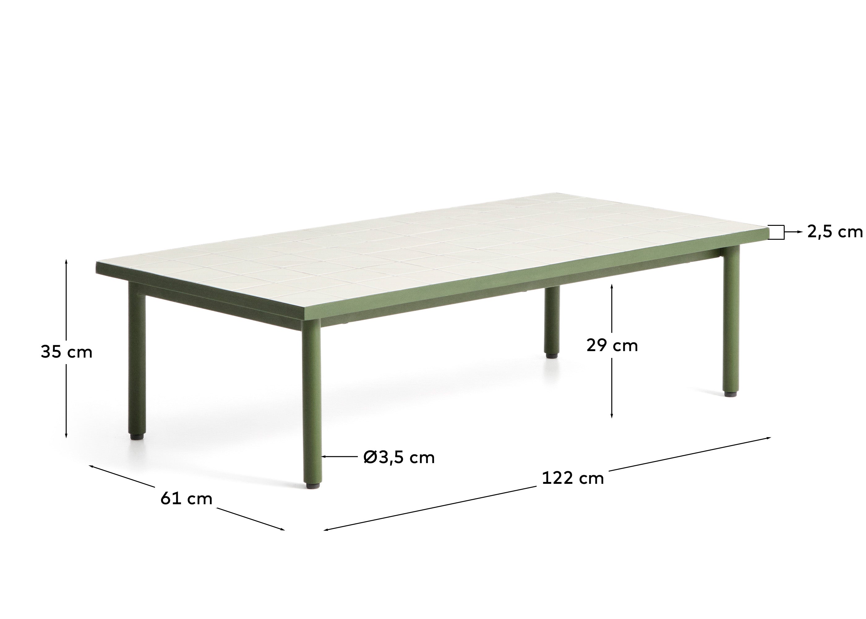 Couchtisch Maurina aus verzinktem Stahl in Grün mit ecrufarbenen Kacheln, 122 x 61 cm in Grün präsentiert im Onlineshop von KAQTU Design AG. Loungetisch ist von Kave Home