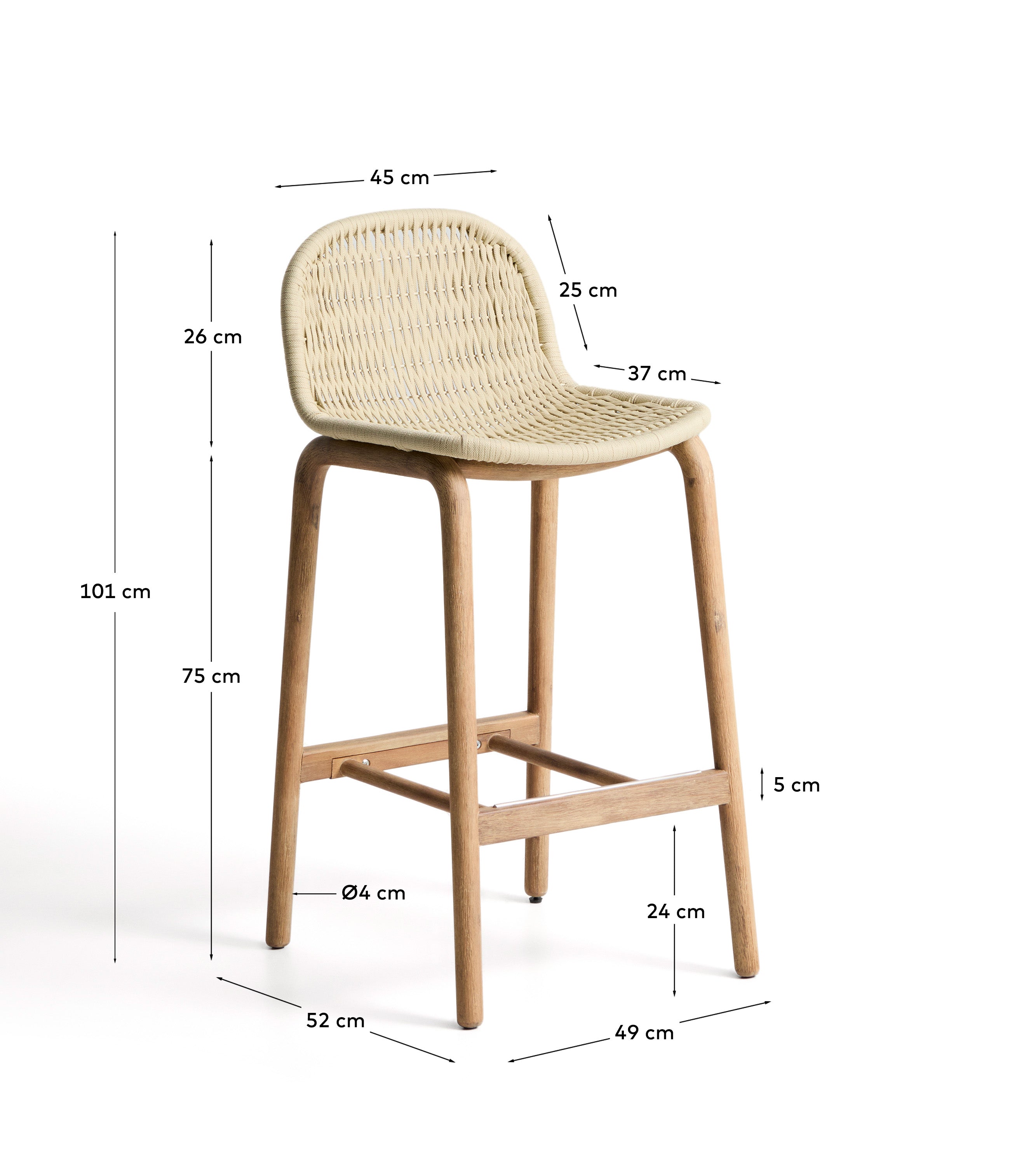 Hocker Alipa aus massivem Akazienholz und ecrufarbenem Seil, 75 cm, FSC 100 % in Ecru präsentiert im Onlineshop von KAQTU Design AG. Hocker Outdoor ist von Kave Home