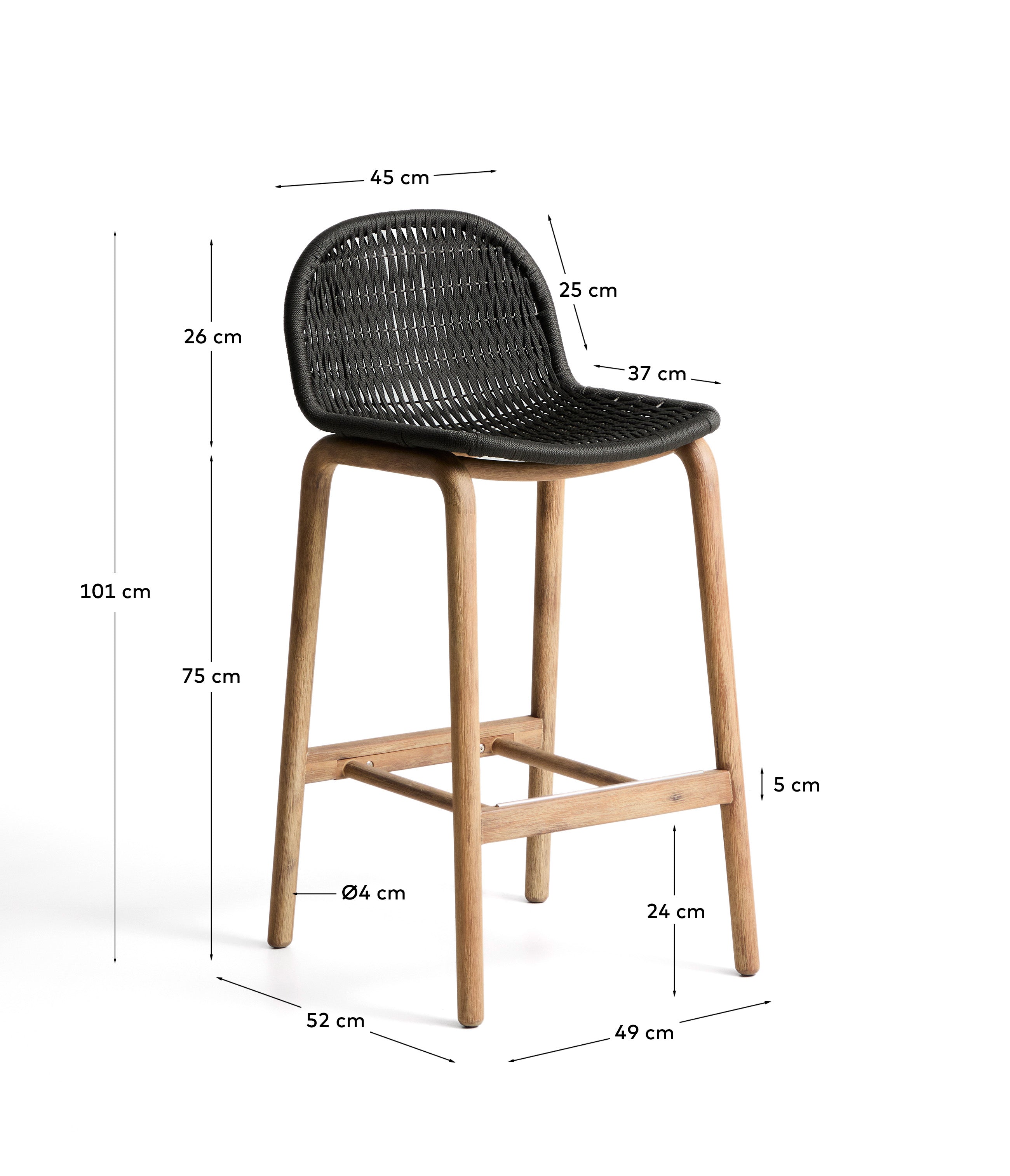 Hocker Alipa aus massivem Akazienholz und dunkelgrauem Seil, 75 cm, FSC 100 % in Graphit präsentiert im Onlineshop von KAQTU Design AG. Hocker Outdoor ist von Kave Home