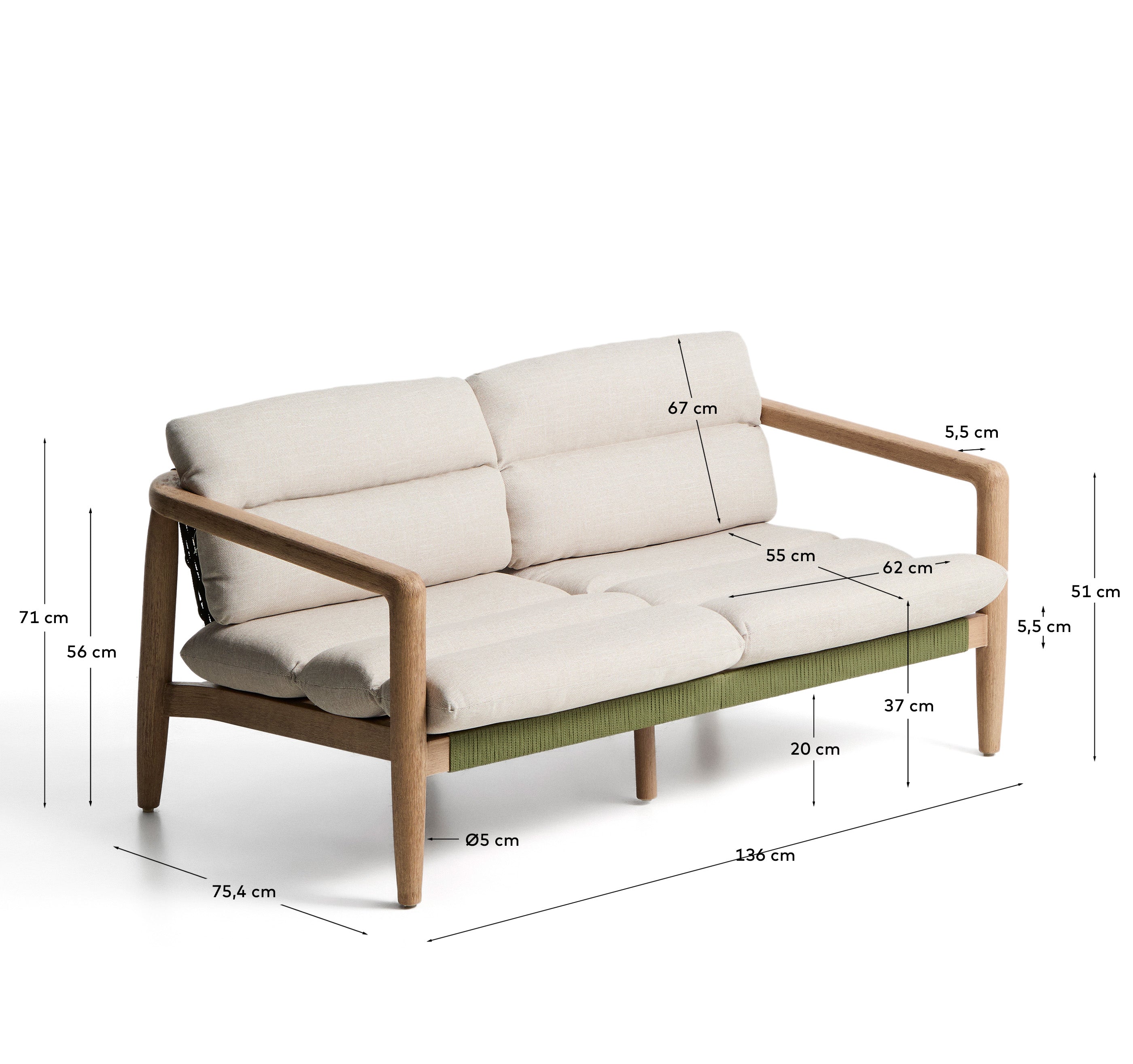 Sofa Menfi aus massivem Akazienholz und grünem Seil, 136 cm in Dunkelgrün präsentiert im Onlineshop von KAQTU Design AG. Loungesofa ist von Kave Home