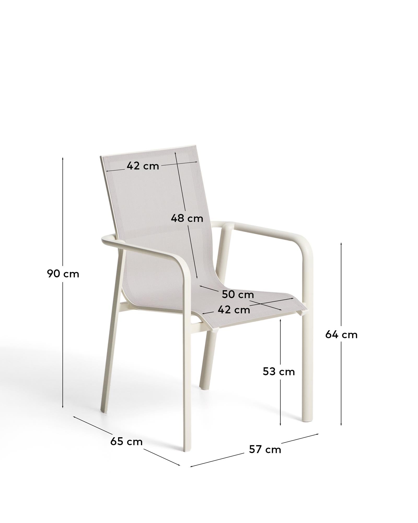 Stapelbarer Outdoor-Stuhl Canea in Ecru, aus strapazierfähigem beigem Texteline und Aluminium, perfekt für stilvolle Gartenmöbel.
