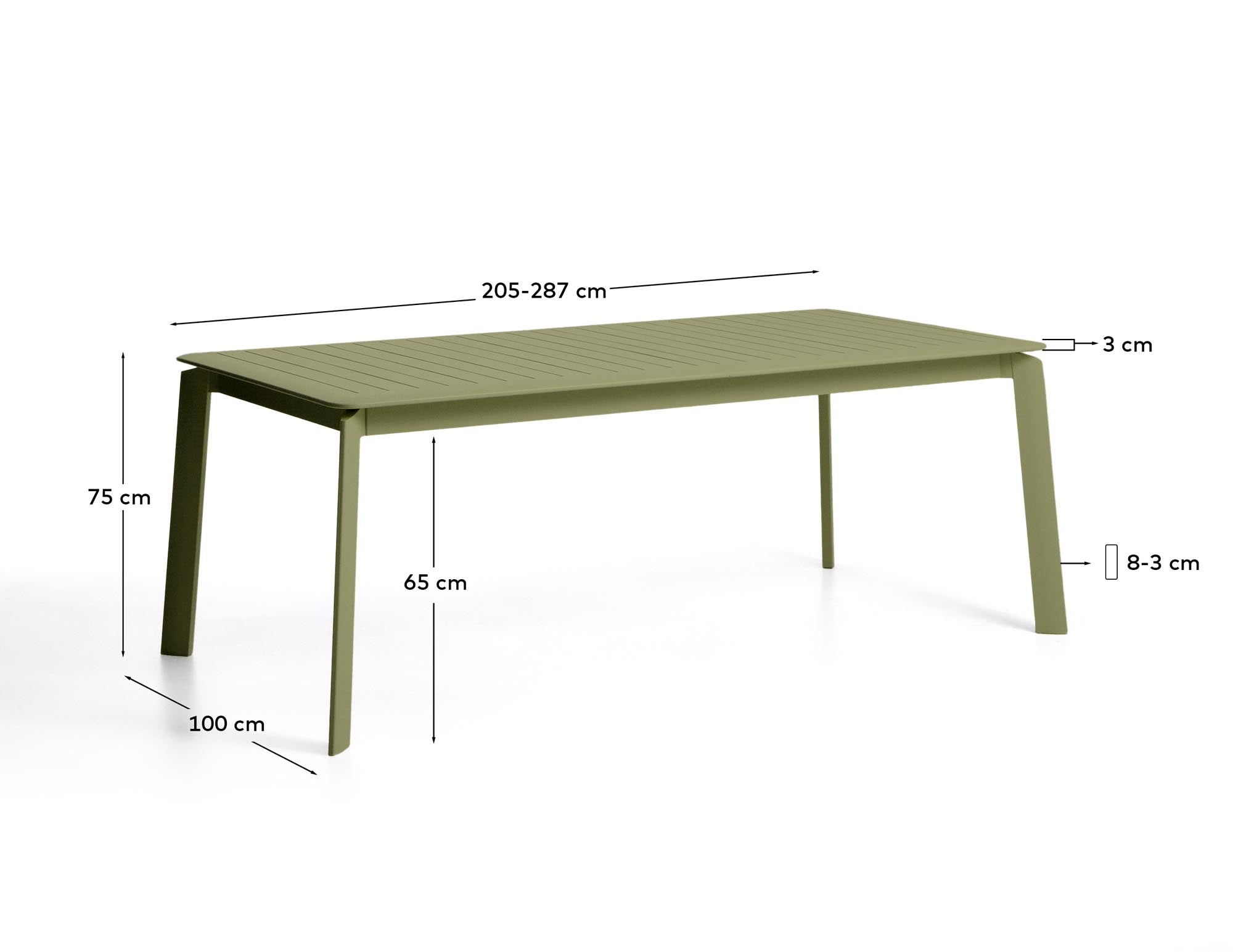 Stylischer Aluminium-Gartentisch Brela in frischem Grün, ausziehbar von 205 cm auf 287 cm, perfekt für gesellige Zusammenkünfte im Freien.