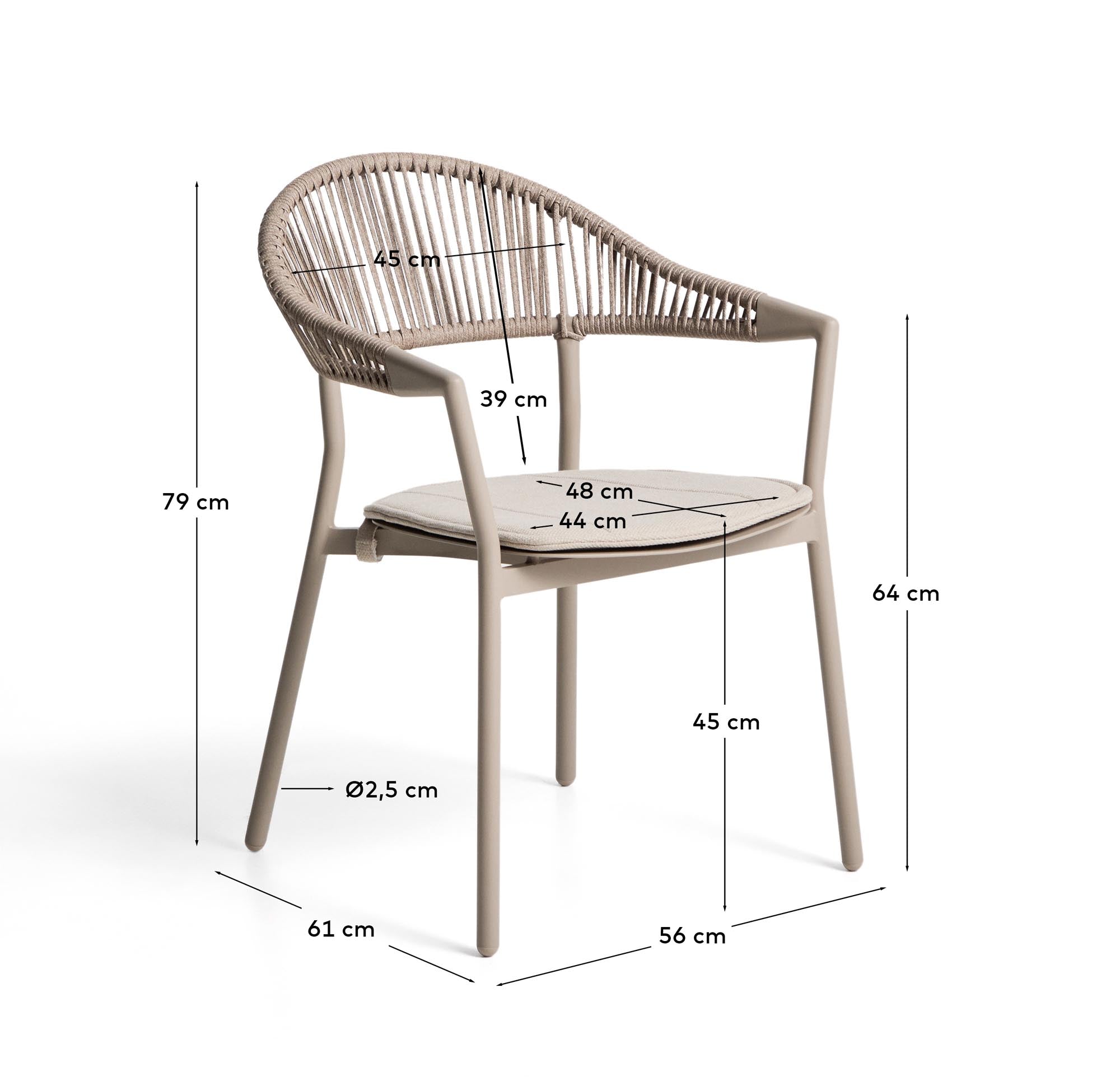 Eleganter stapelbarer Gartenstuhl Alimia aus robustem Aluminium in Taupe, kombiniert mit stilvollem braunem Synthetikseil für Outdoor-Bereiche.