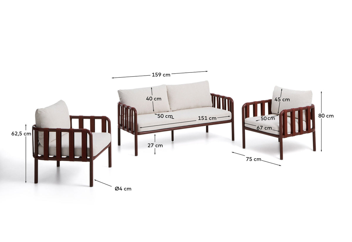 Set Omala aus einem 2-Sitzer-Sofa und 2 Sesseln aus Seil und Aluminium in Bordeauxrot in Dunkelrot, Rot, Beige präsentiert im Onlineshop von KAQTU Design AG. Lounge Sofa ist von Kave Home