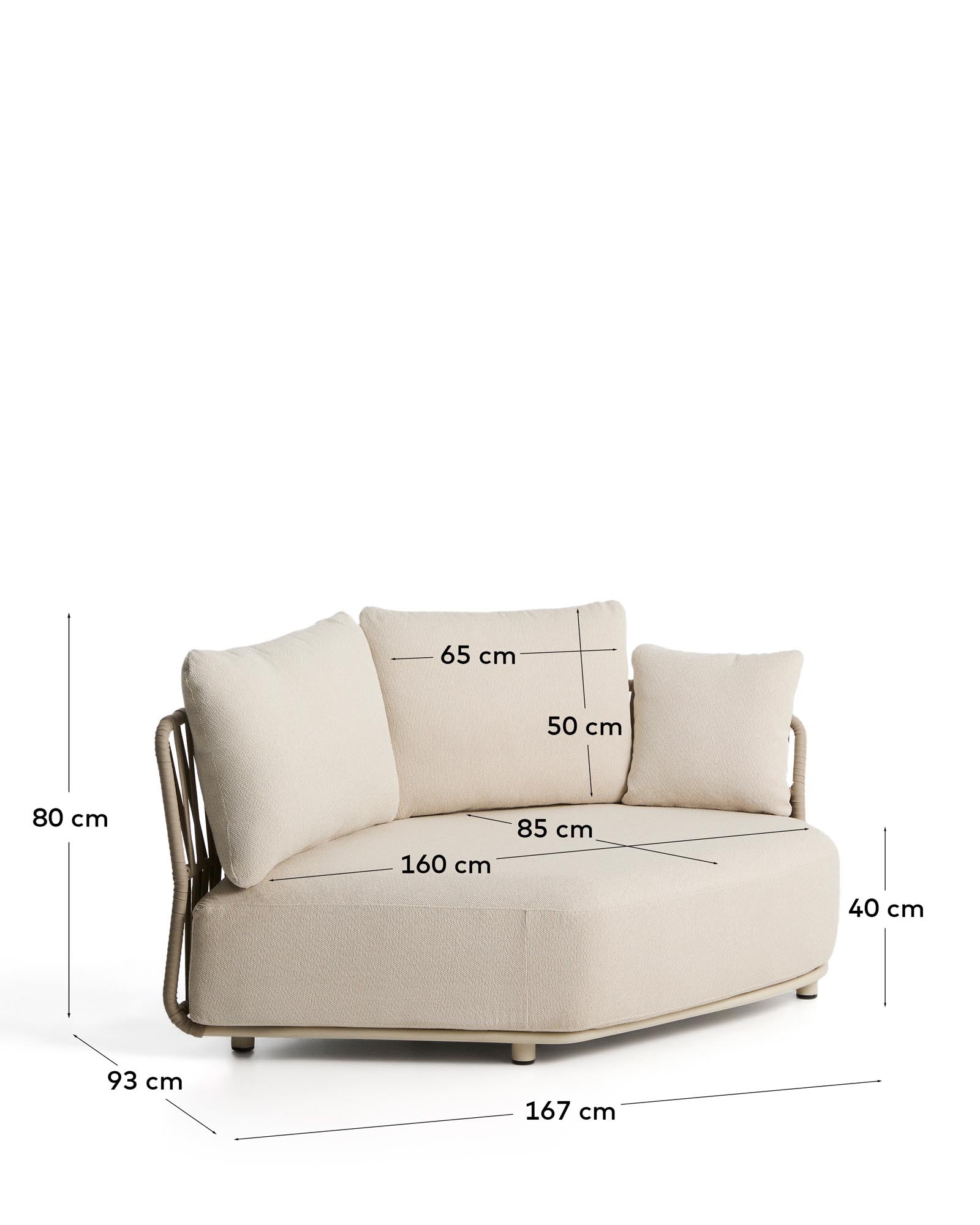 Modernes Lounge-Modul Osani aus ecrufarbenem Aluminium und taupefarbenem Seil, perfekt für gemütliche Stunden im Freien.