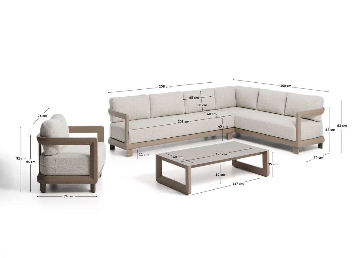 Set Nerano mit 5-Sitzer-Ecksofa, Sessel und Couchtisch aus gehärtetem Glas und Aluminium in Taupe in Taupe, Beige, Ecru präsentiert im Onlineshop von KAQTU Design AG. Loungeset ist von Kave Home