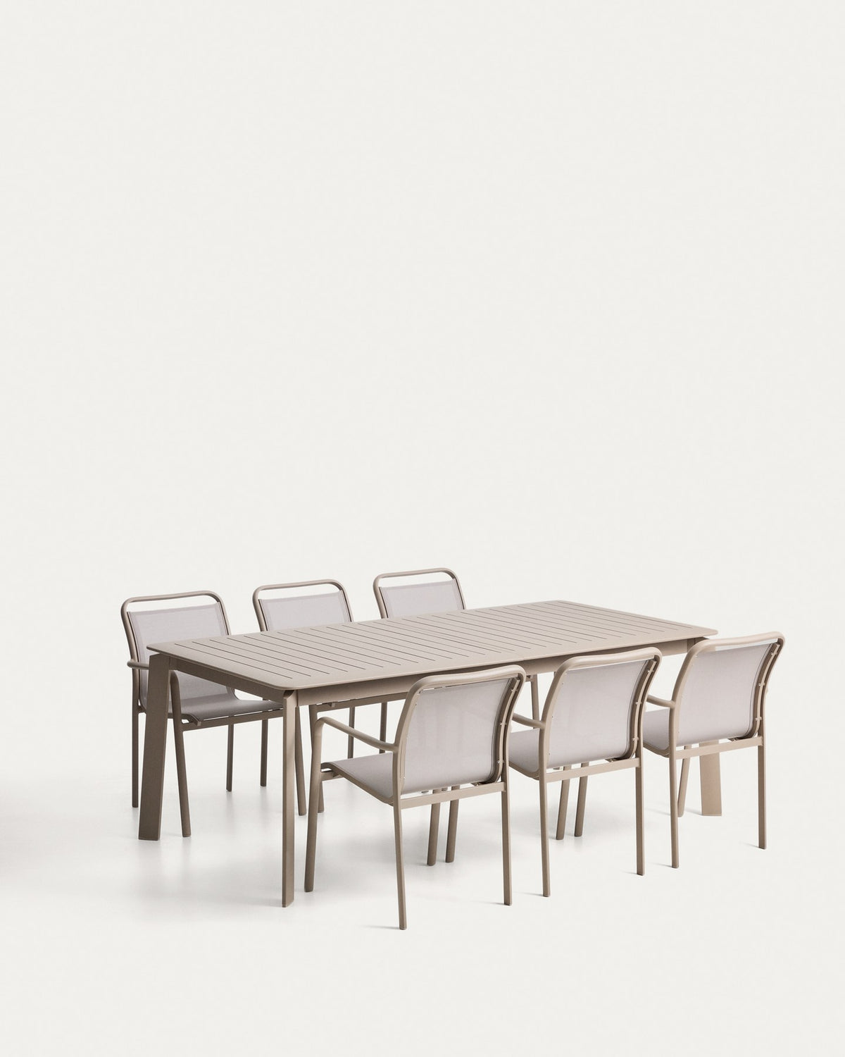 Ausziehtisch aus taupefarbenem Aluminium mit 6 Stühlen aus Aluminium und beigem Texteline, rechteckige Tischplatte, stapelbares Stuhldesign.
