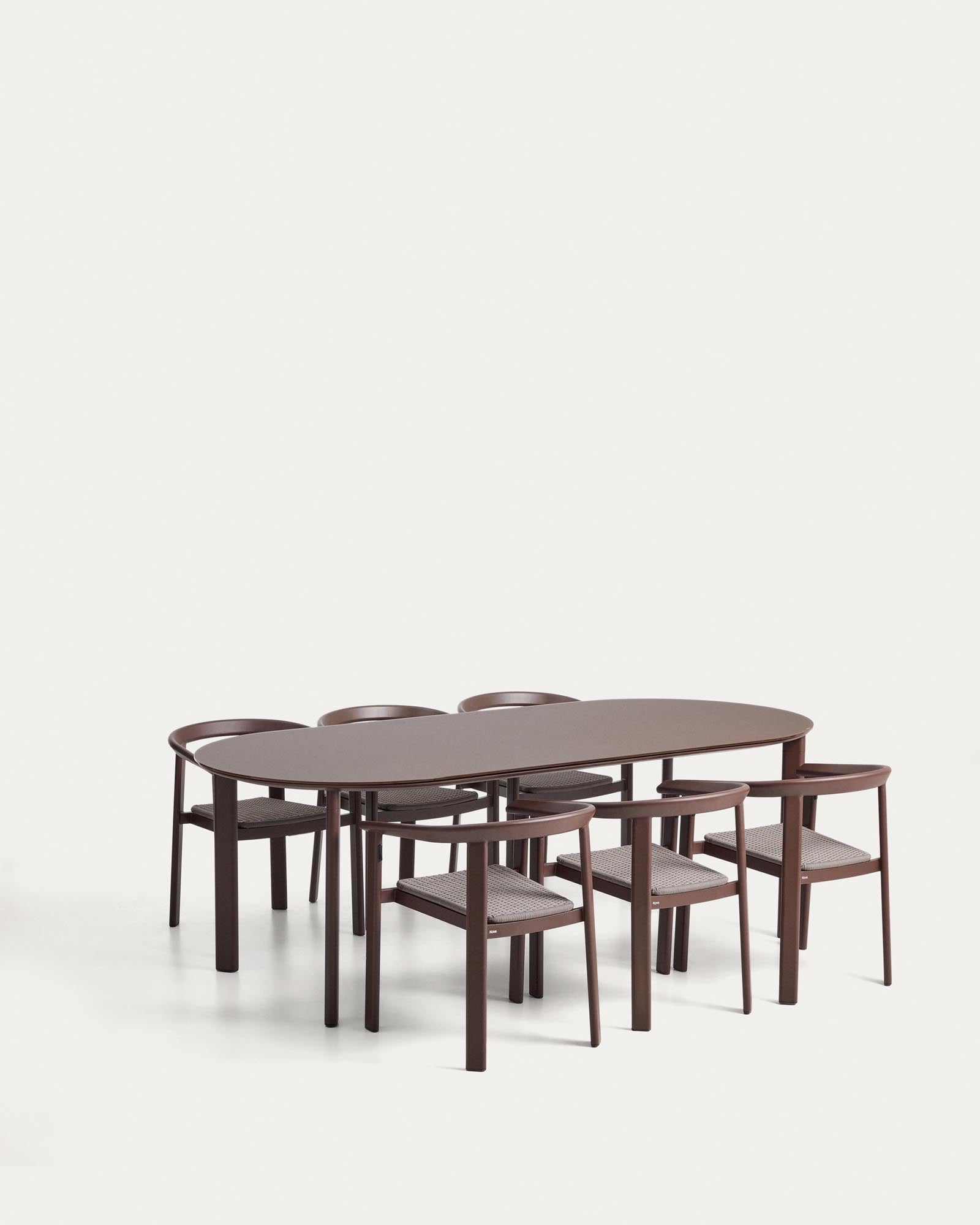 Set Erice mit 6 Stapelstühlen aus Aluminium und Seil und einem Tisch aus Aluminium und gehärtetem Glas in Braun, 230 x 100 cm in Braun präsentiert im Onlineshop von KAQTU Design AG. Gartentischset ist von Kave Home