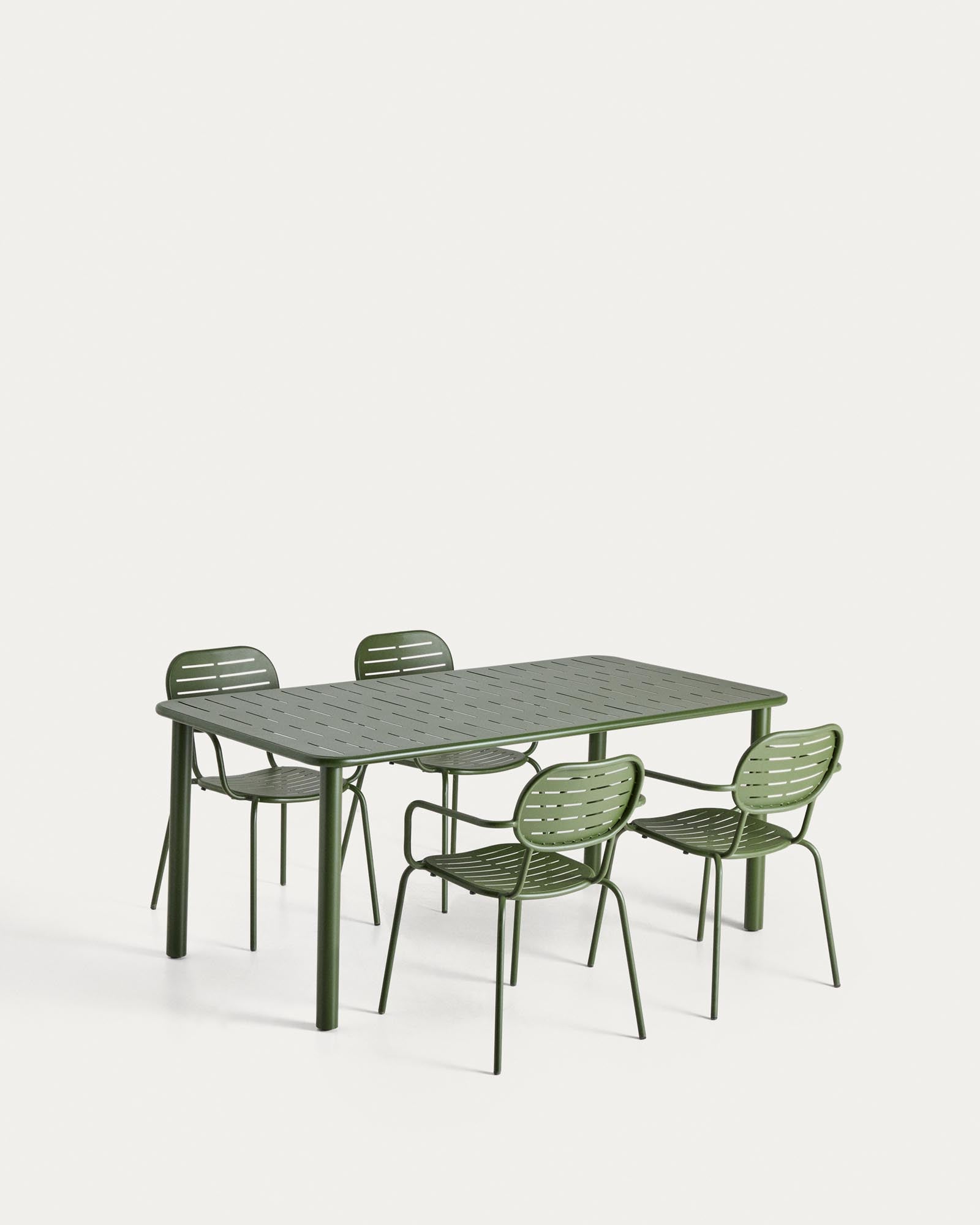 Set Brai mit Tisch und 4 Stapelstühlen aus verzinktem grünem Stahl, 180 x 90 cm in Grün präsentiert im Onlineshop von KAQTU Design AG. Gartentischset ist von Kave Home